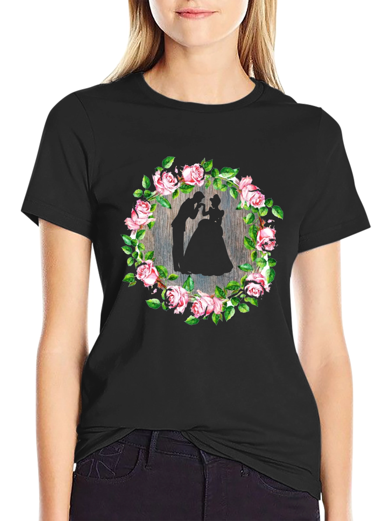 Romantic Floral Silhouette Black T-Shirt