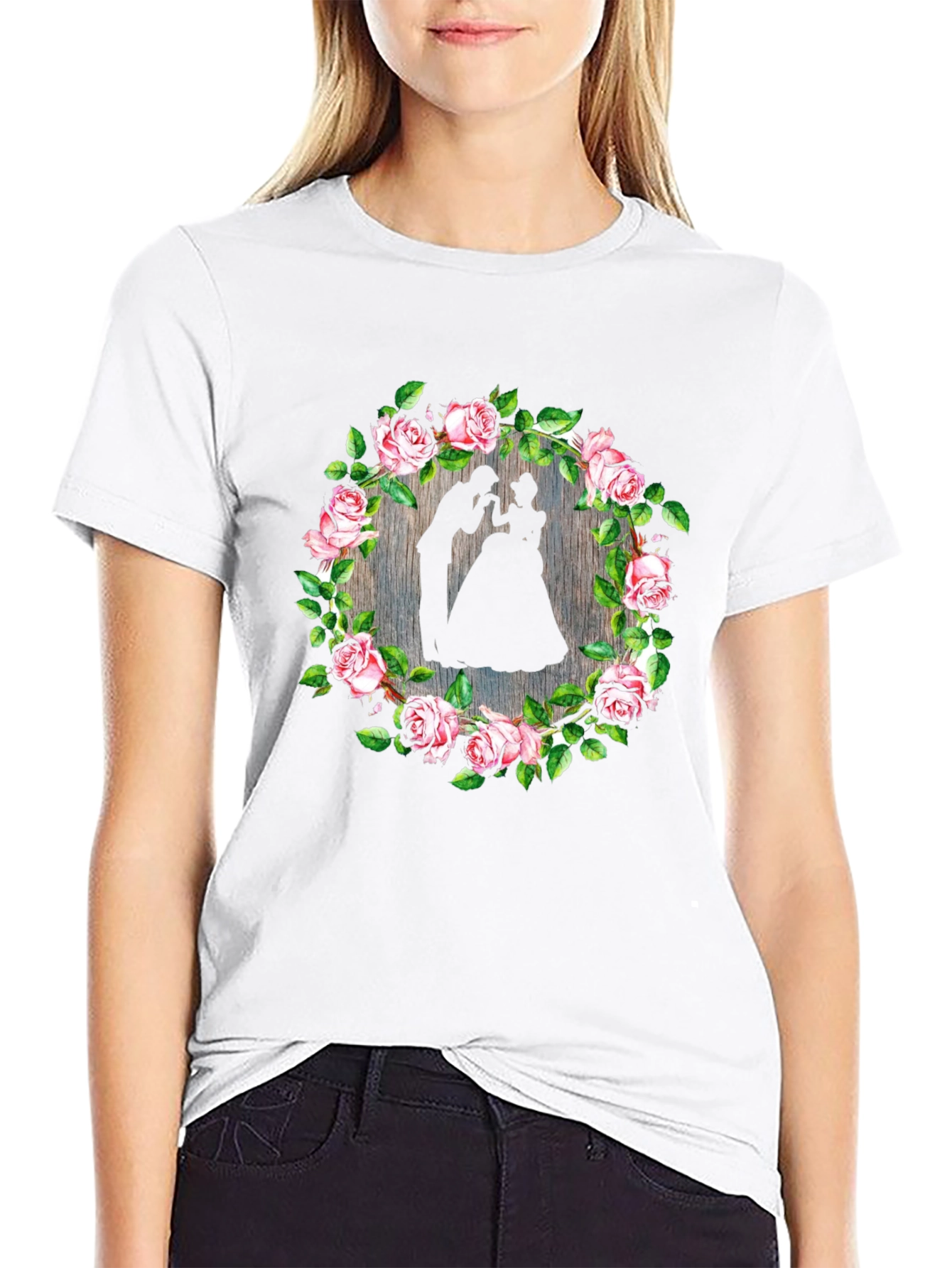 Romantic Floral Silhouette Black T-Shirt