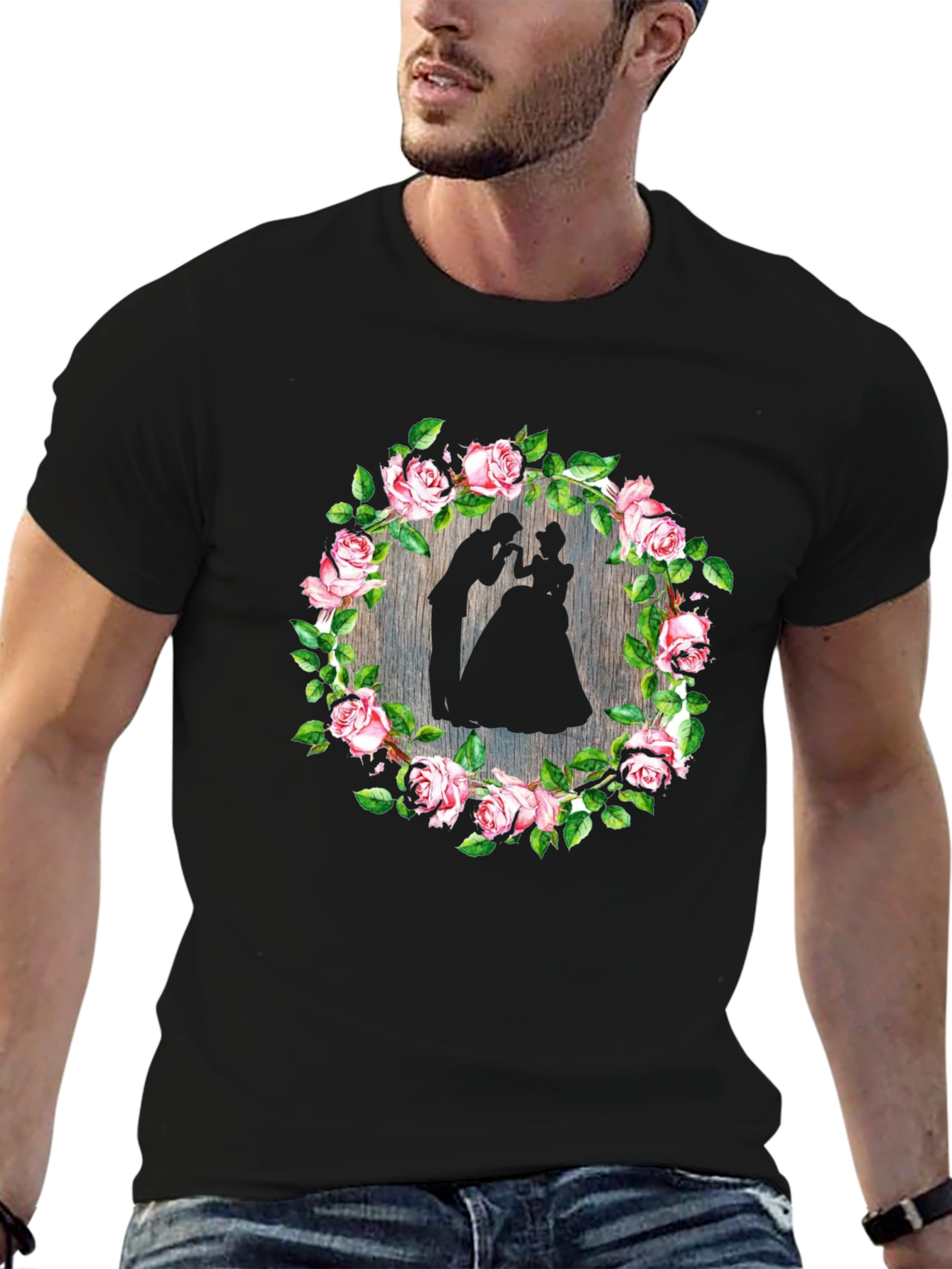 Romantic Floral Silhouette Black T-Shirt