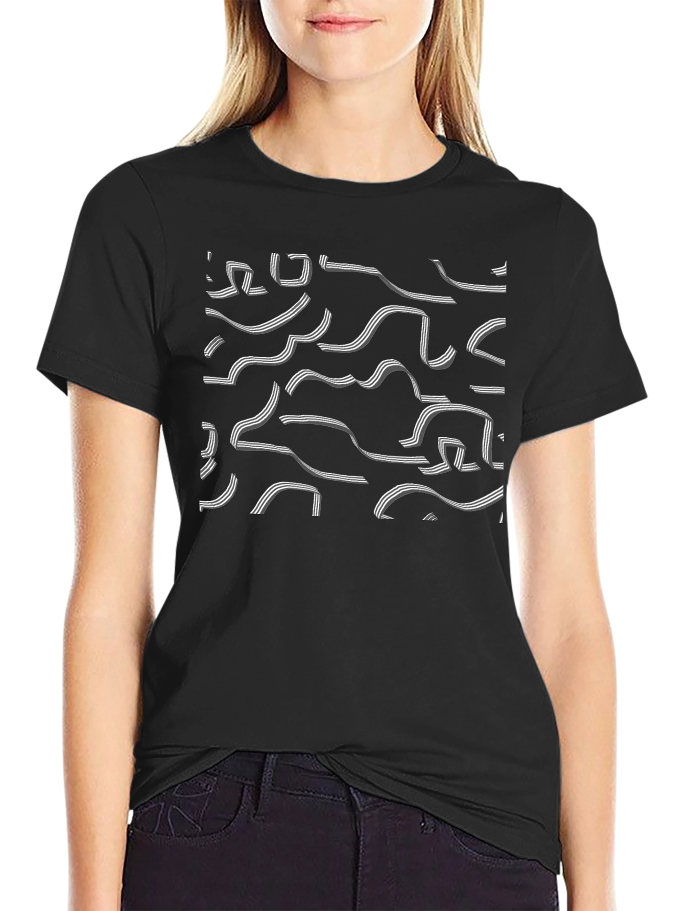 Abstract Ribbon Pattern Black T-Shirt