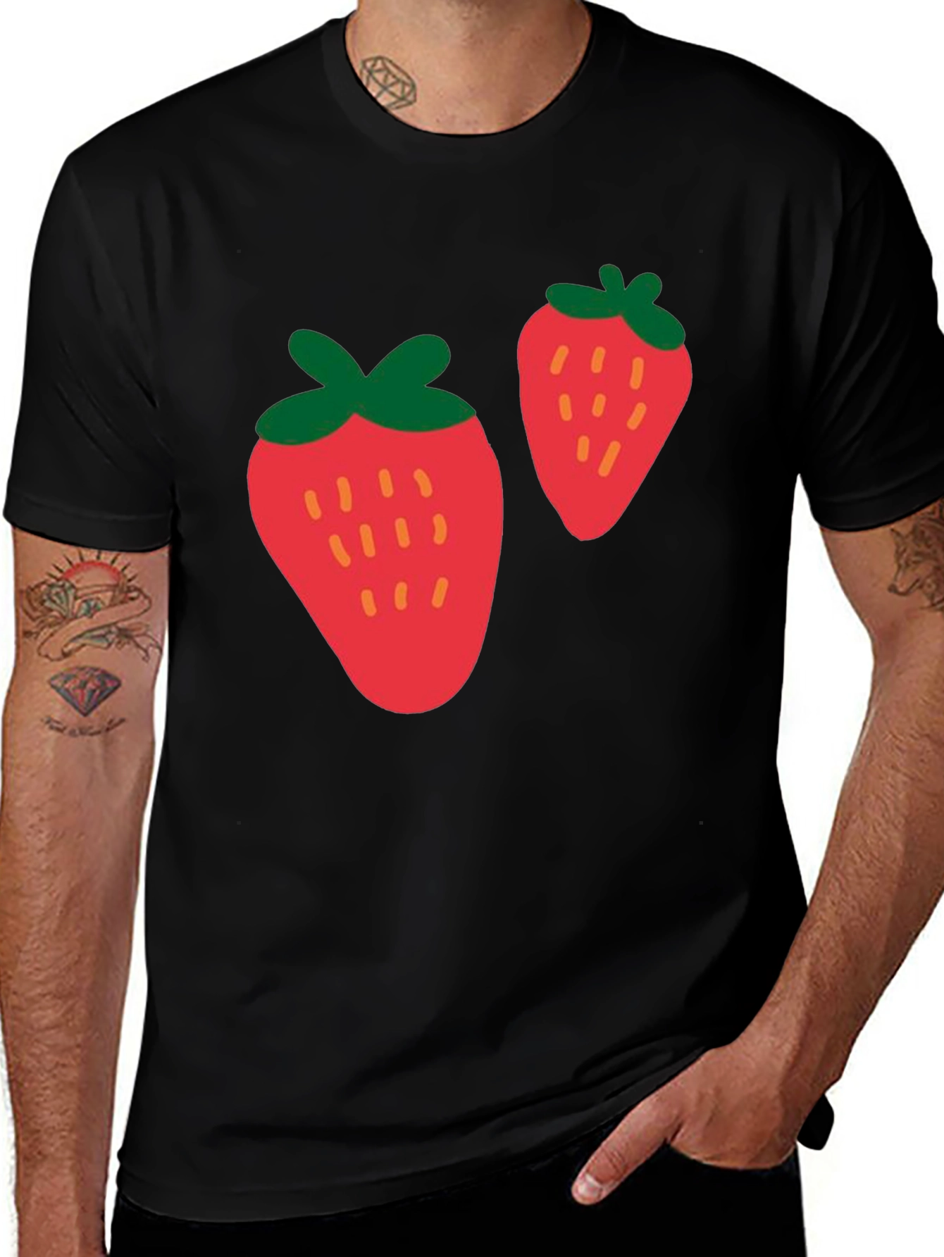 Strawberry Print Black Casual T-Shirt