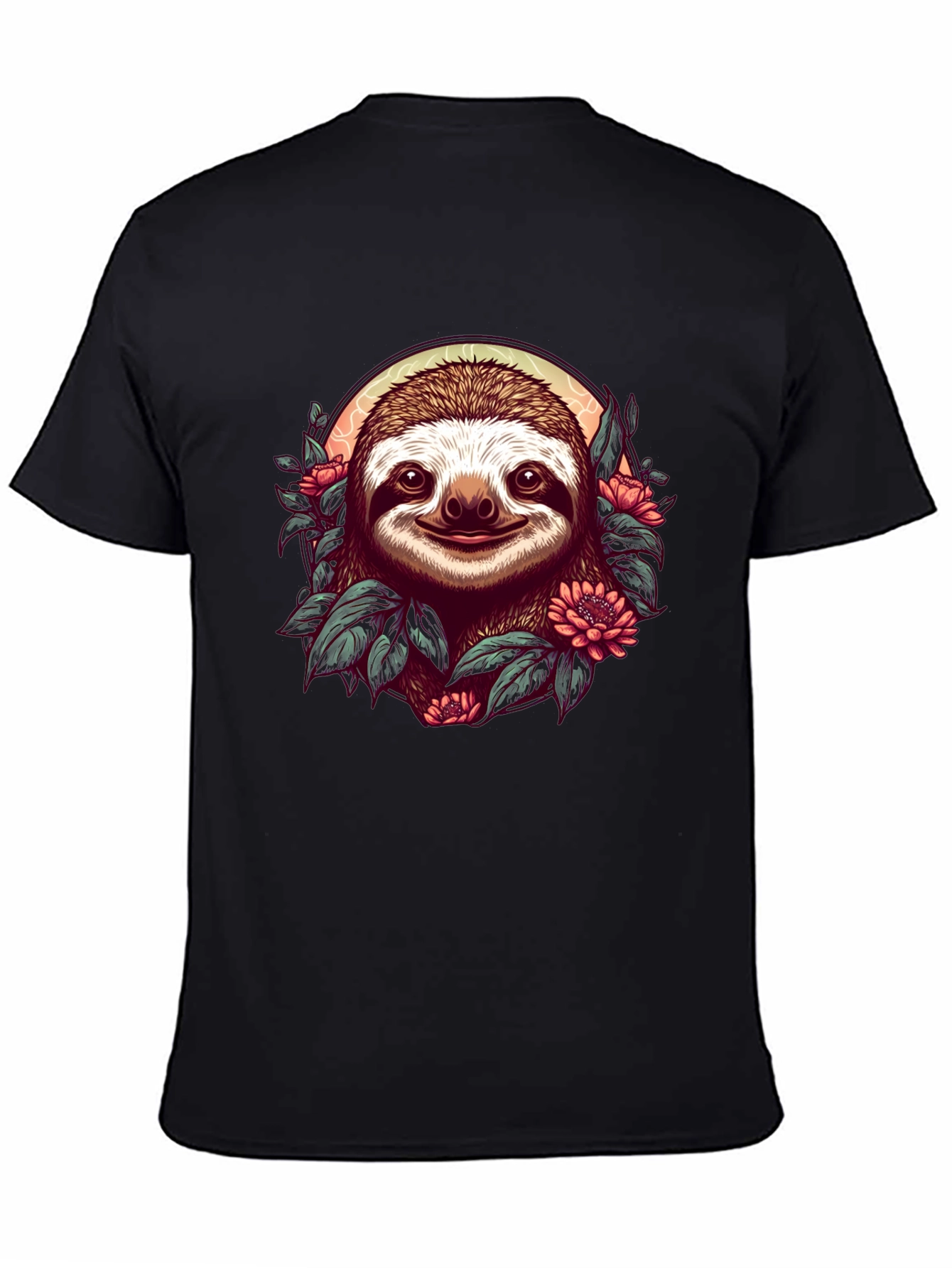 Sloth & Floral Graphic Black T-Shirt