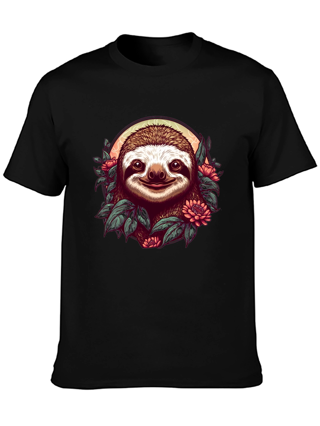 Sloth & Floral Graphic Black T-Shirt