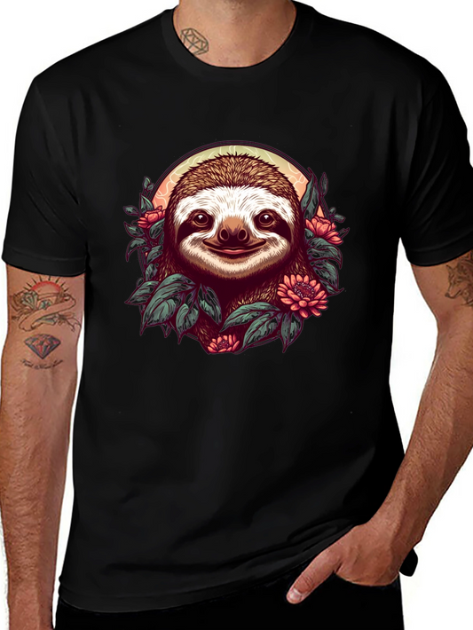 Sloth & Floral Graphic Black T-Shirt