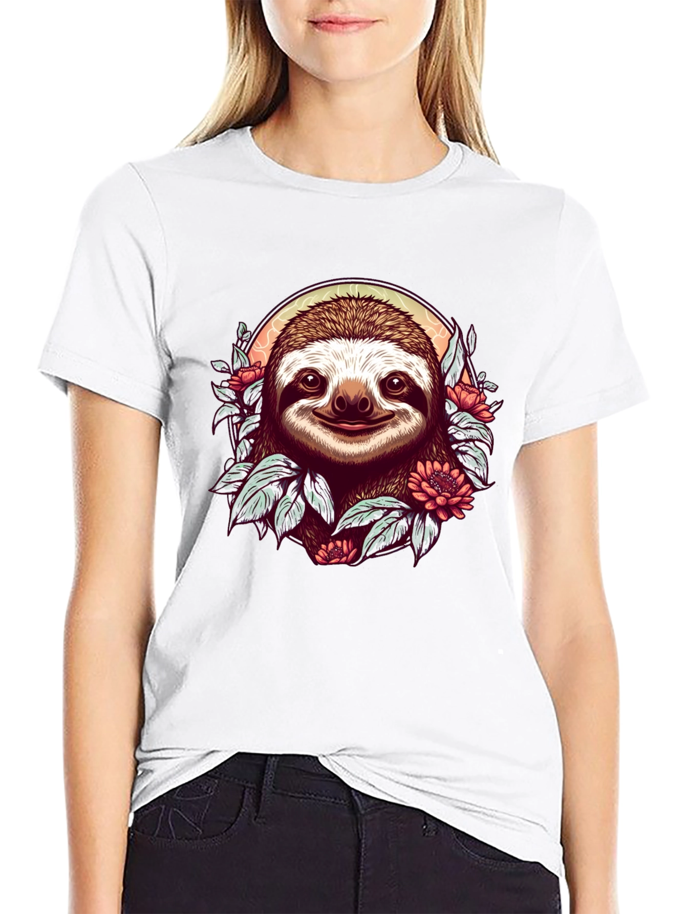 Sloth & Floral Graphic Black T-Shirt