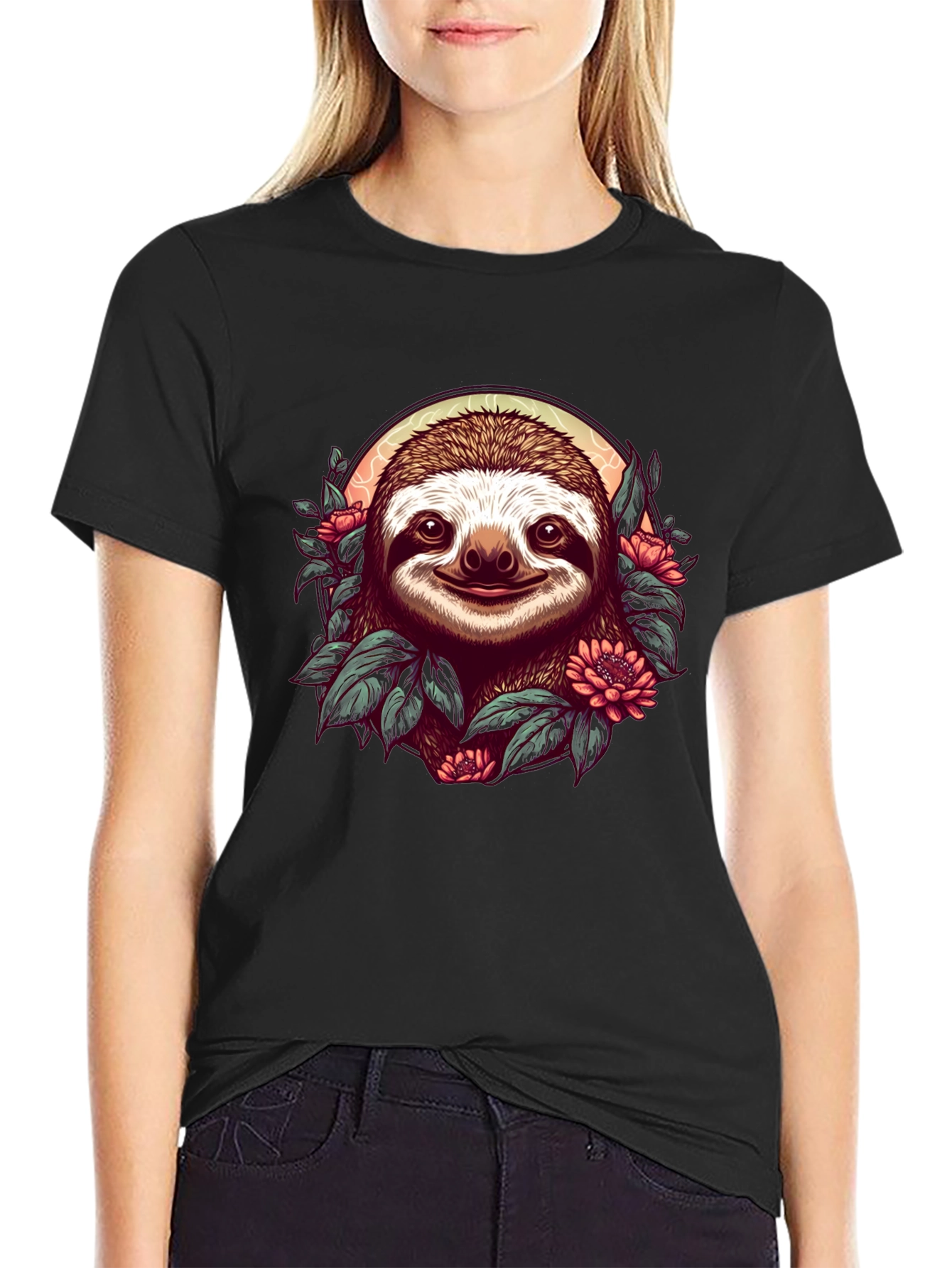 Sloth & Floral Graphic Black T-Shirt