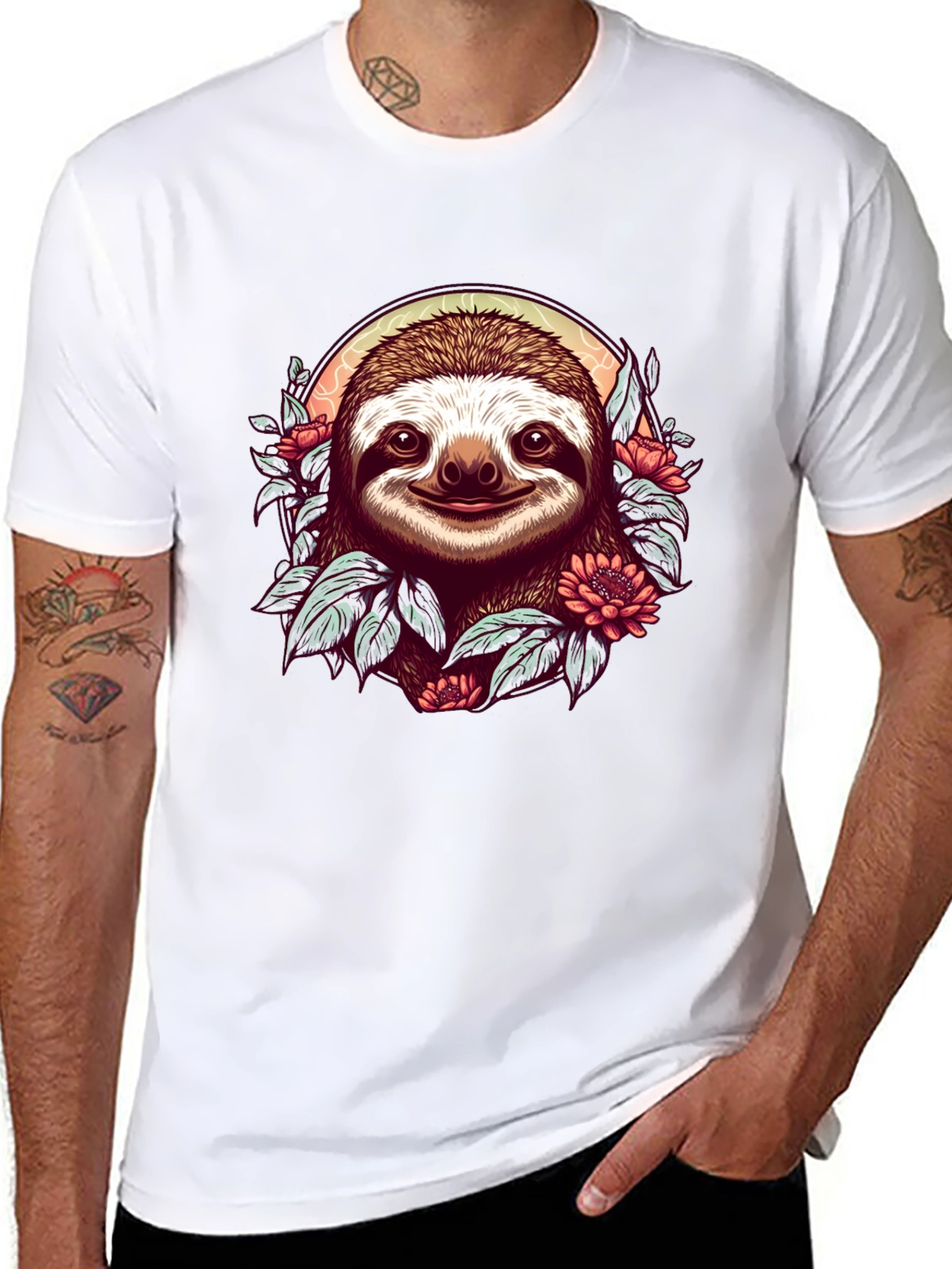 Sloth & Floral Graphic Black T-Shirt