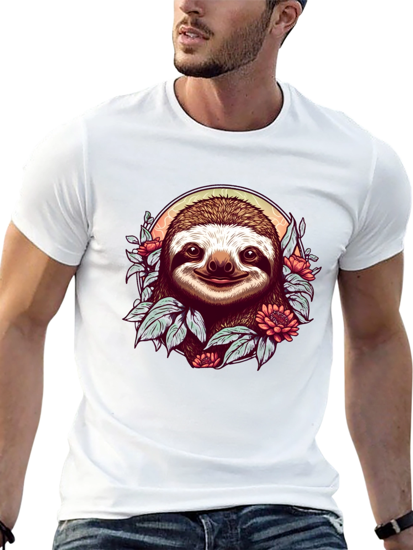 Sloth & Floral Graphic Black T-Shirt