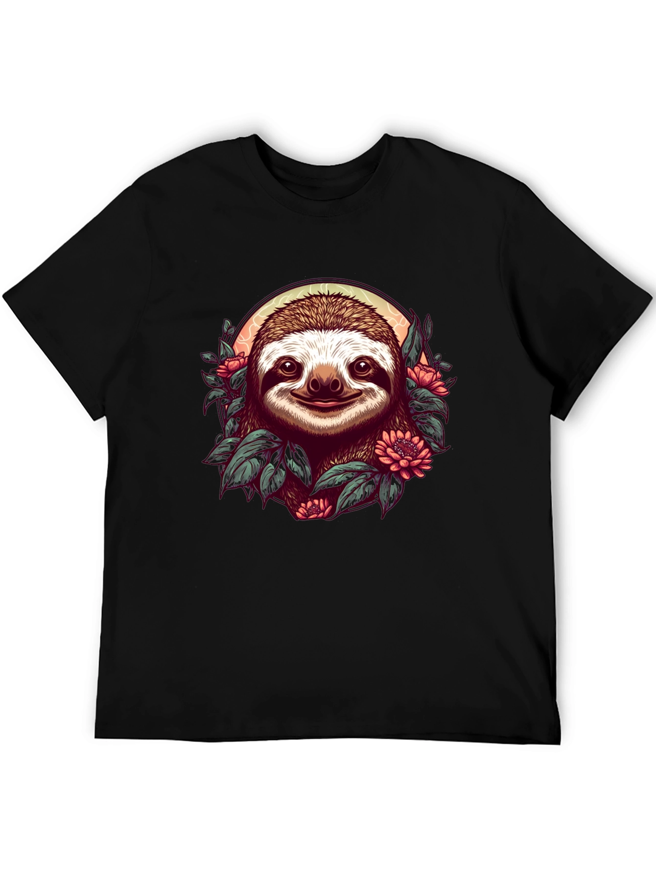 Sloth & Floral Graphic Black T-Shirt