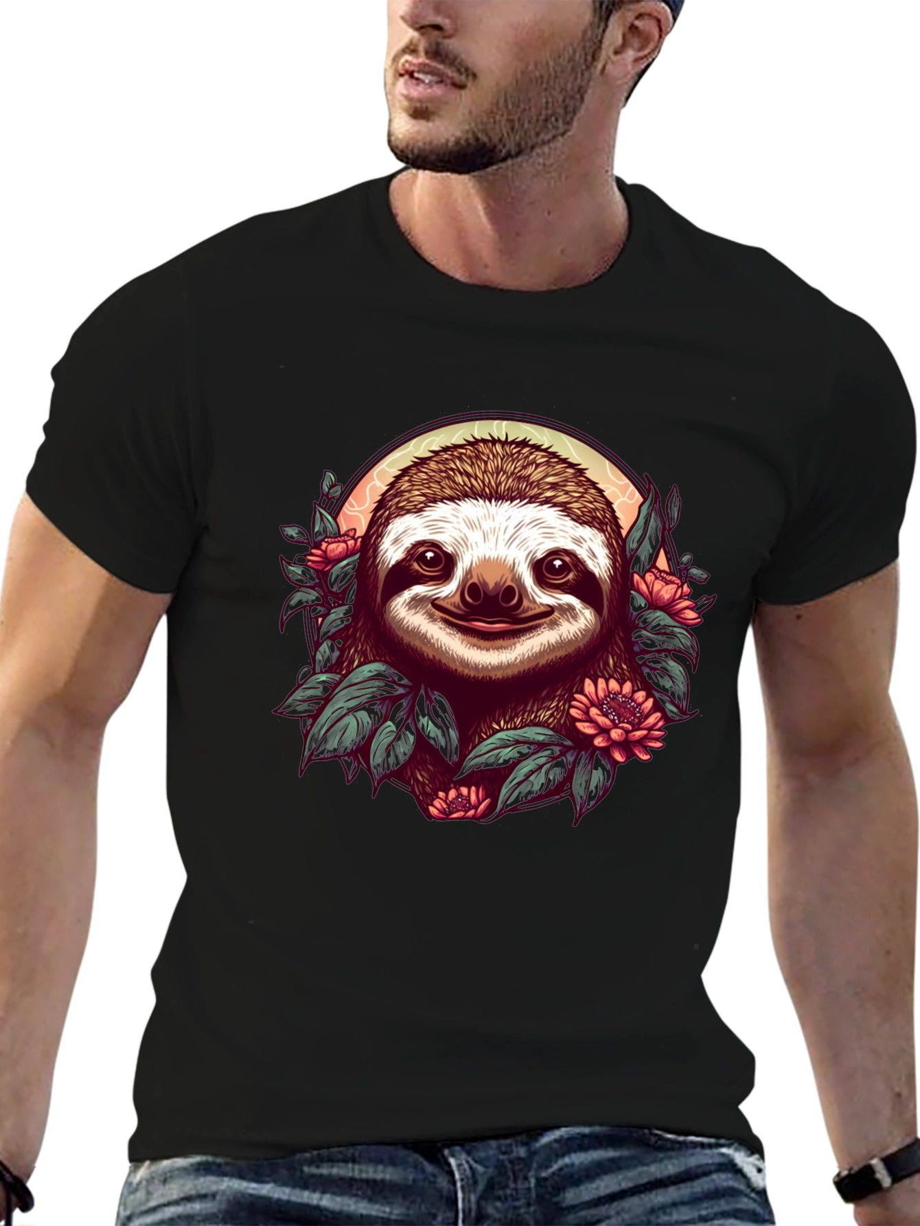 Sloth & Floral Graphic Black T-Shirt