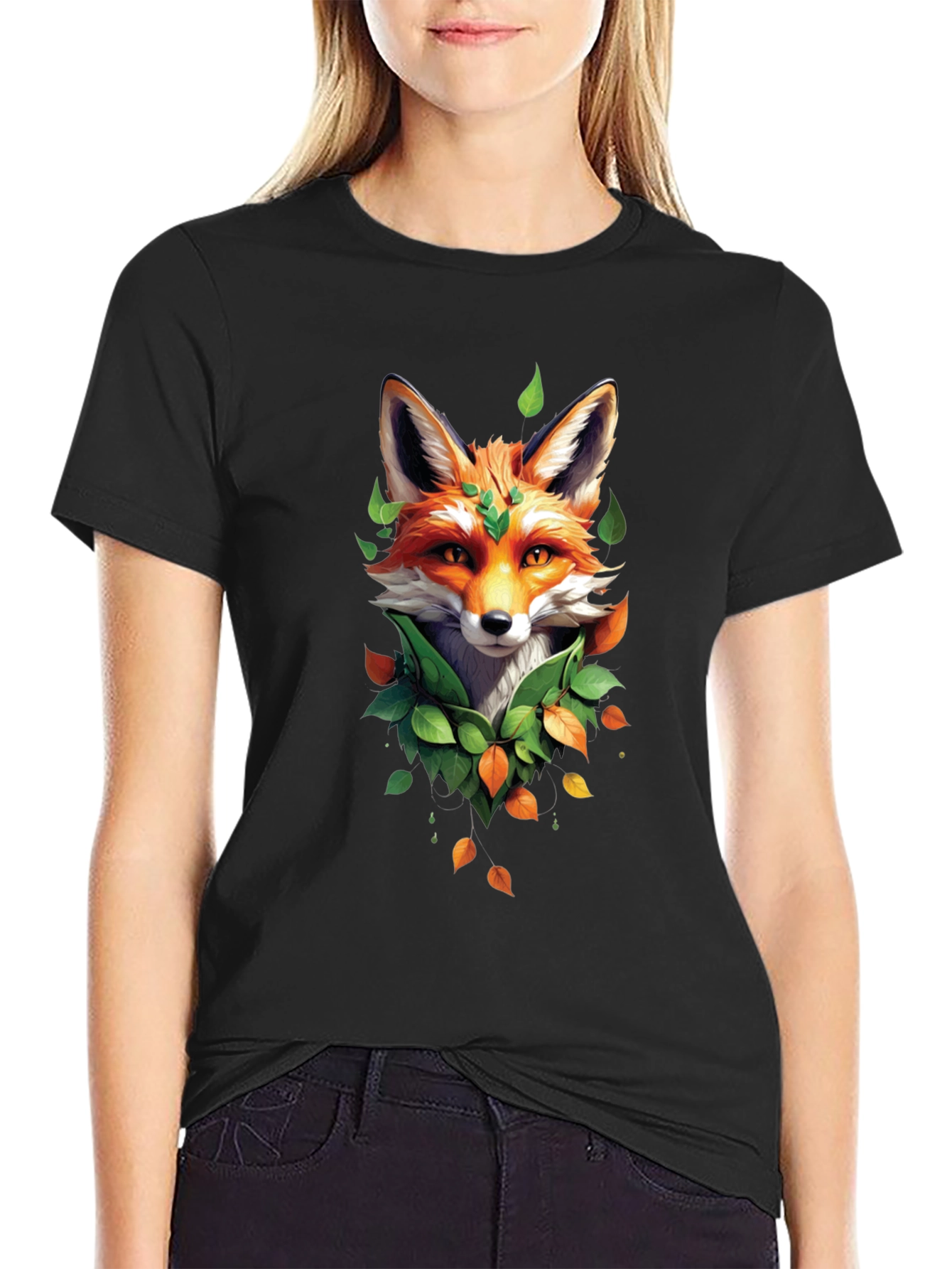 Fox and Foliage Black T-Shirt