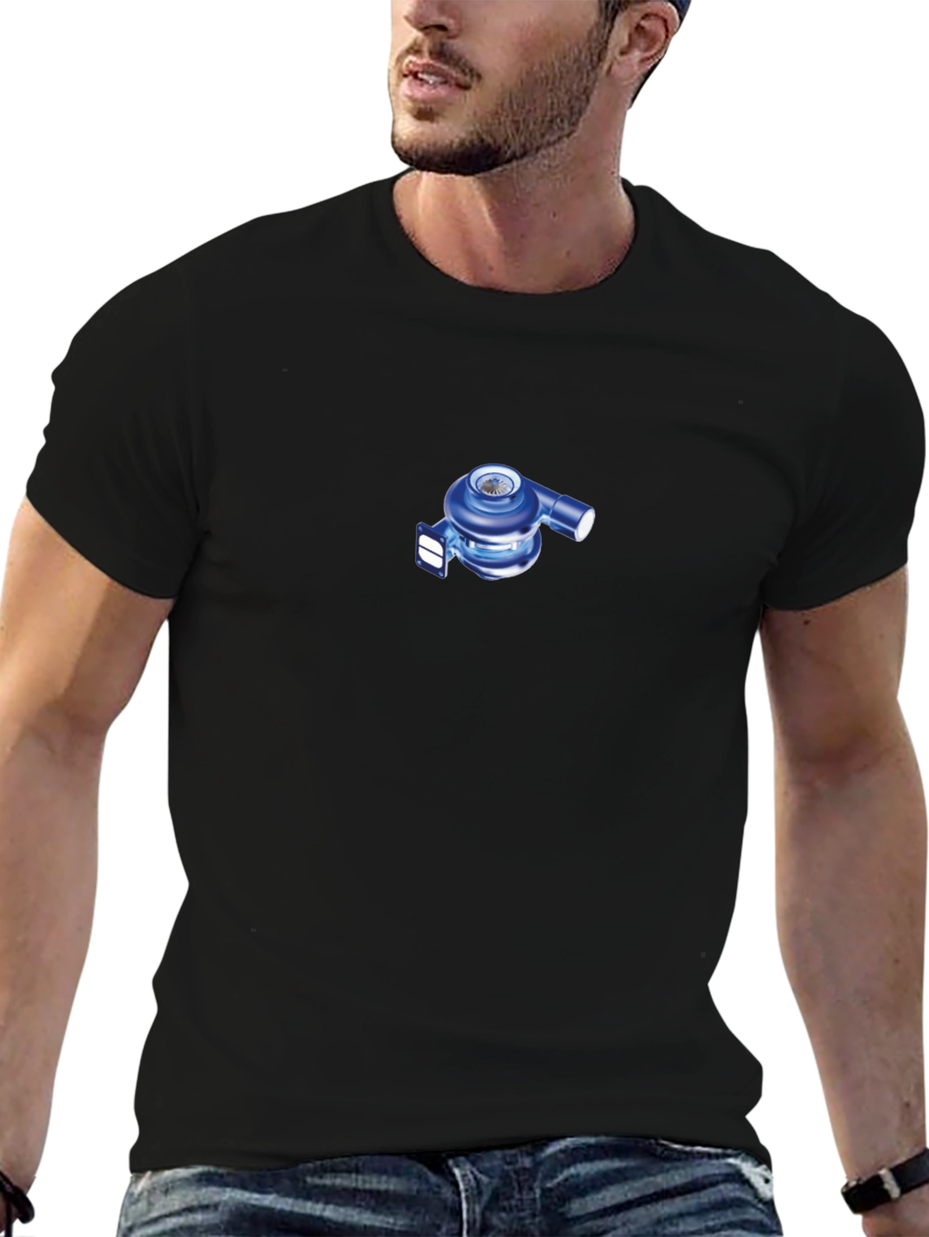 Black T-Shirt with Blue Turbocharger Design