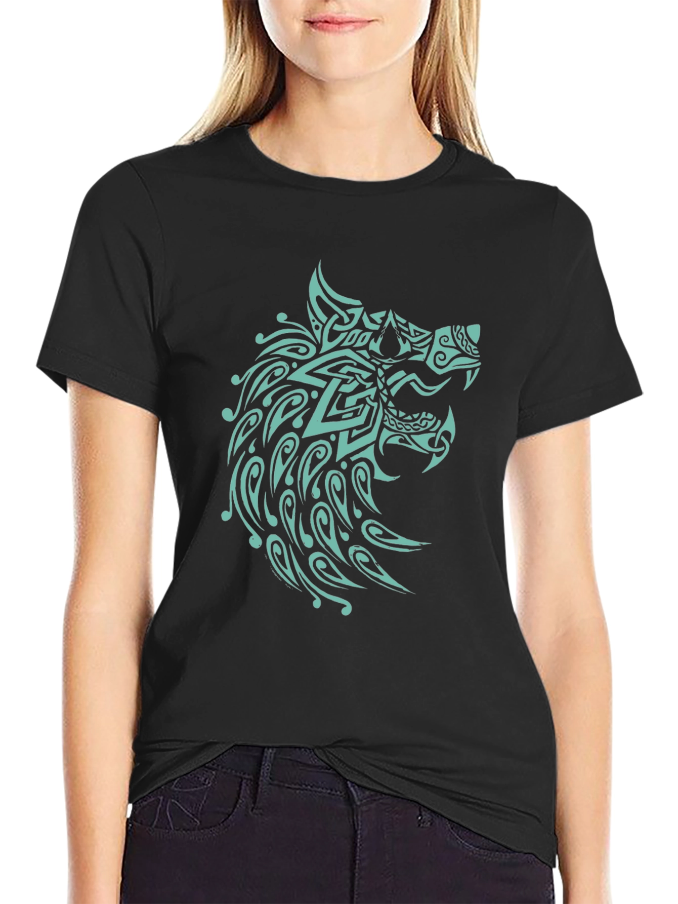 Black T-Shirt with Turquoise Wolf Design