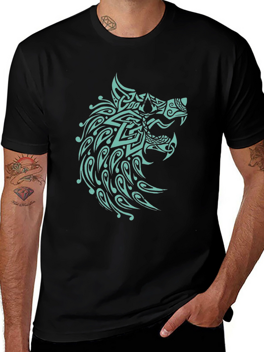 Black T-Shirt with Turquoise Wolf Design