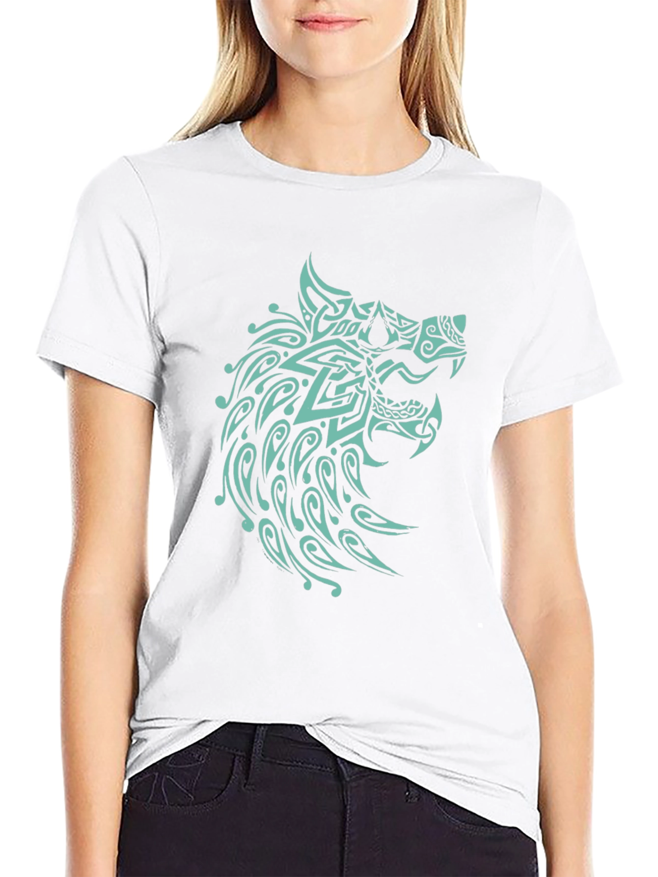 Black T-Shirt with Turquoise Wolf Design