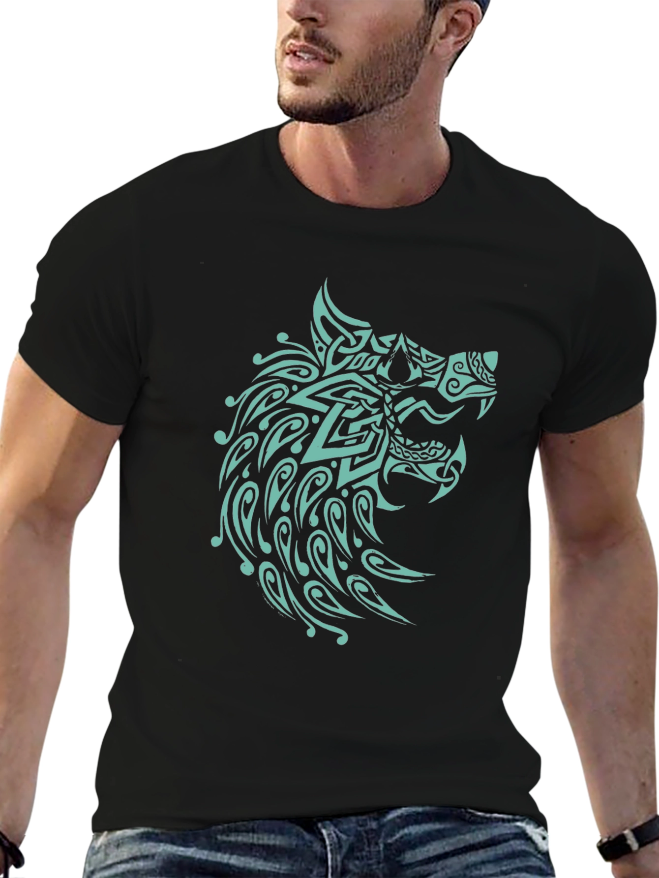 Black T-Shirt with Turquoise Wolf Design