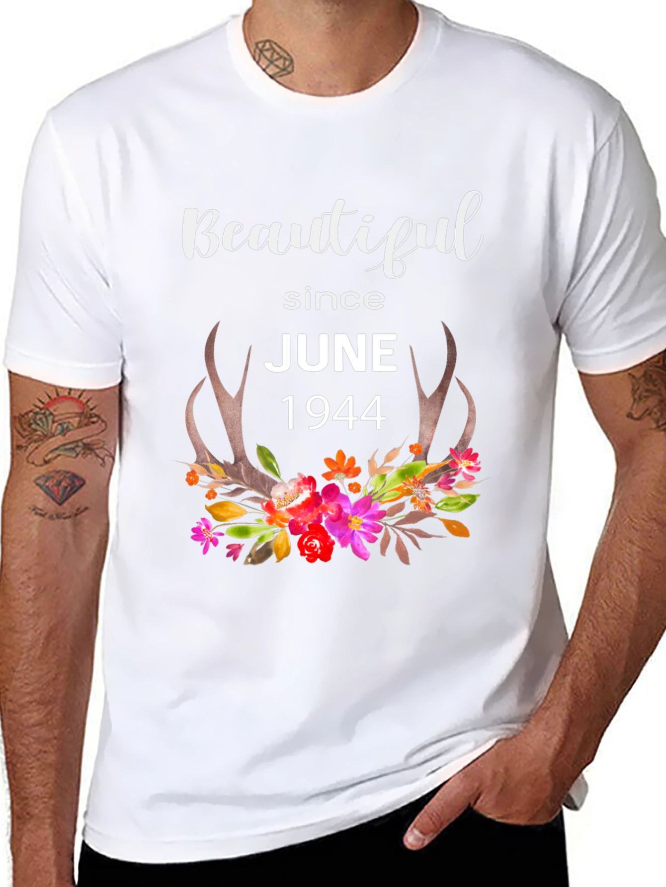 Beautiful Since June 1944 Floral Antler T-Shirt