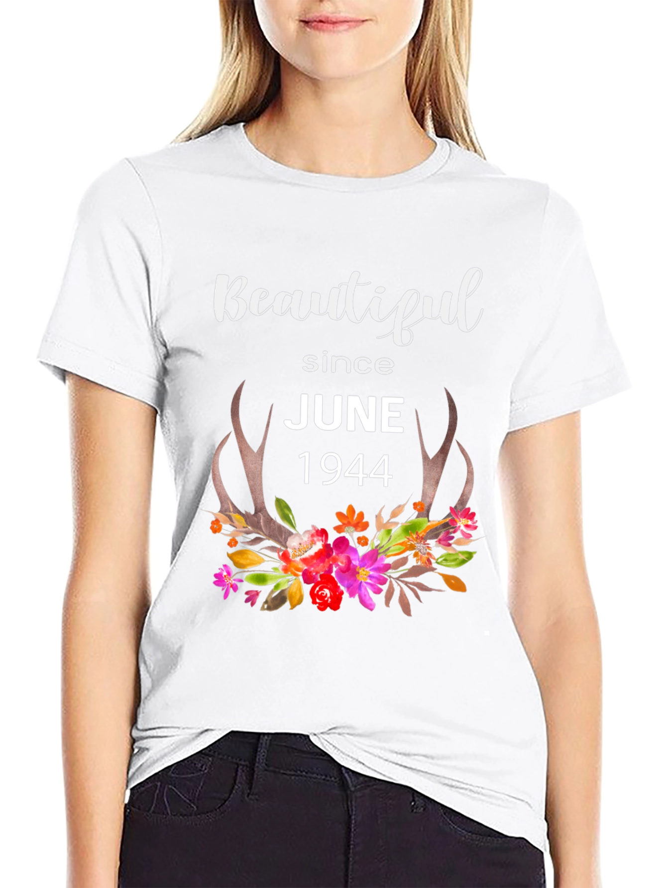 Beautiful Since June 1944 Floral Antler T-Shirt