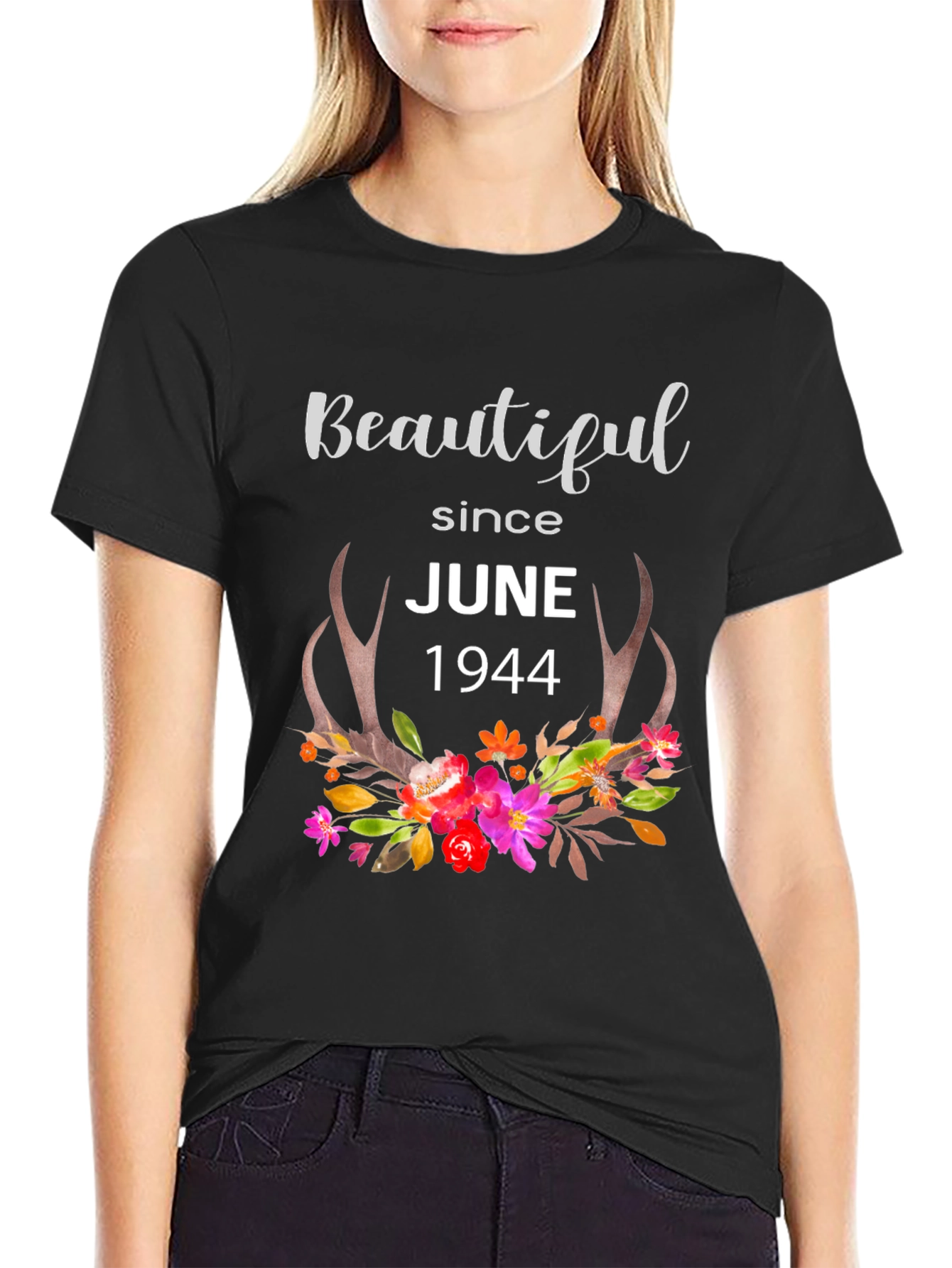 Beautiful Since June 1944 Floral Antler T-Shirt