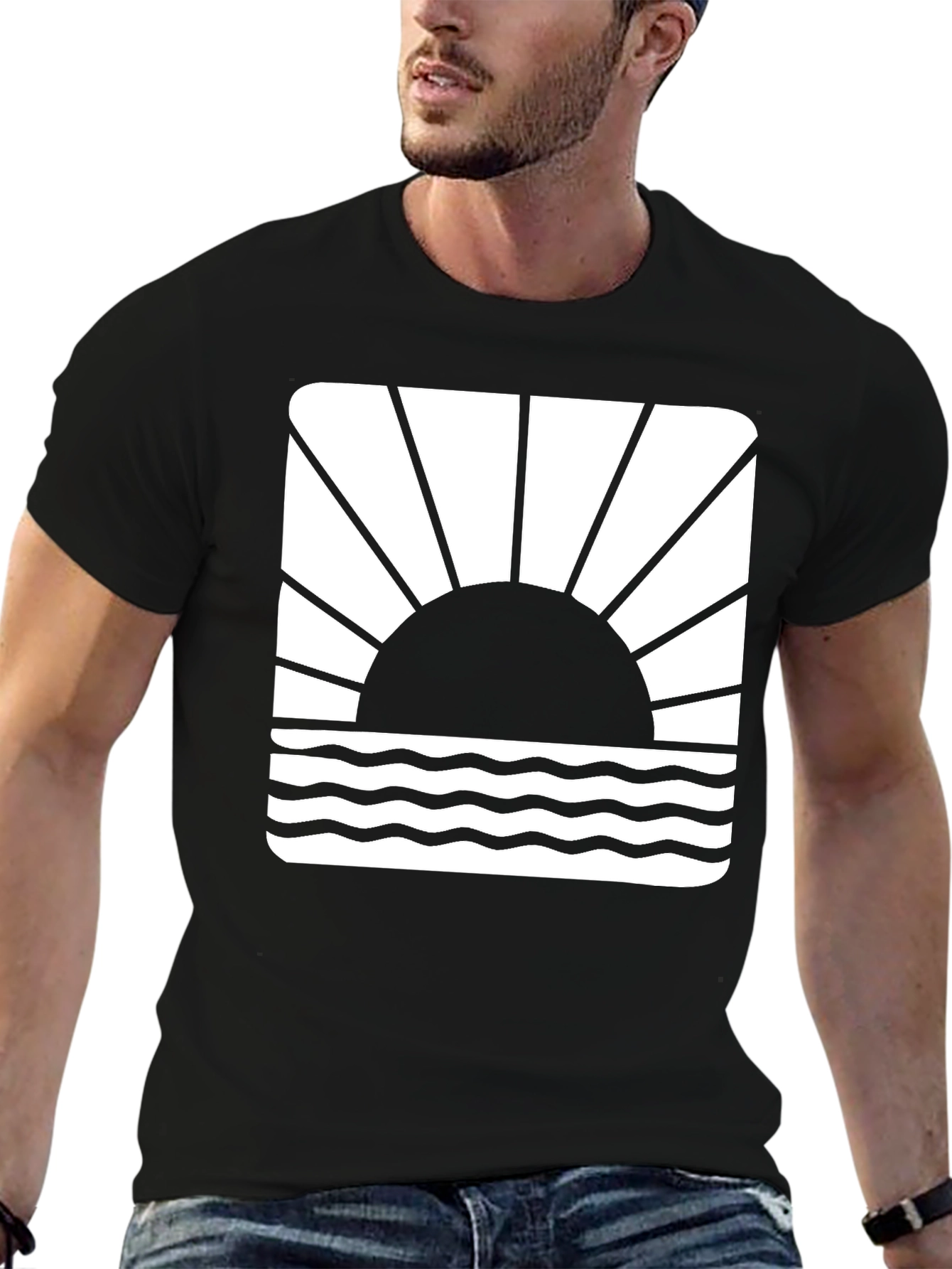 Sunset Waves Graphic Tee - Black Cotton T-Shirt