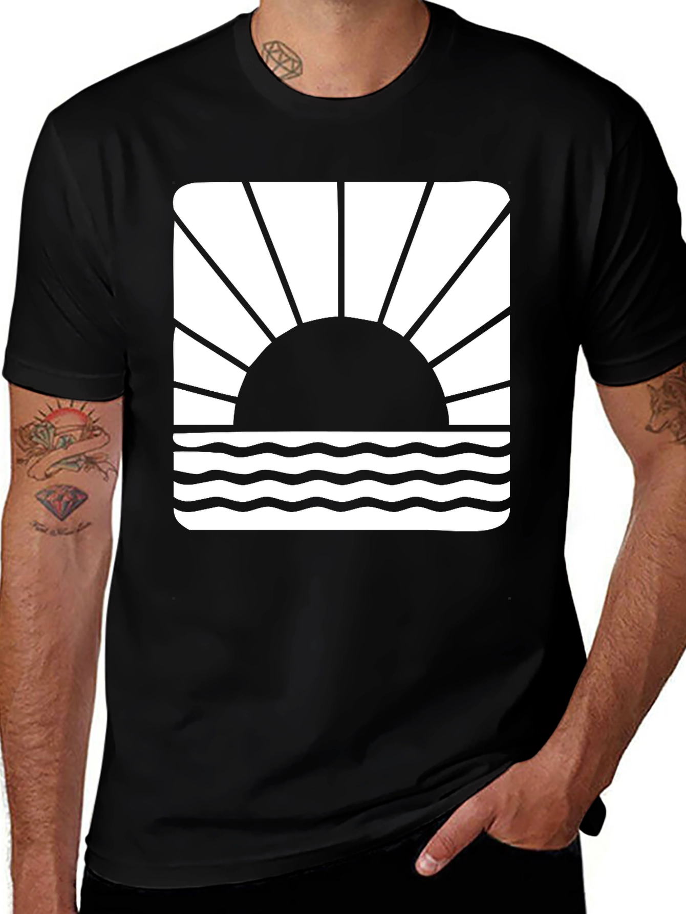 Sunset Waves Graphic Tee - Black Cotton T-Shirt