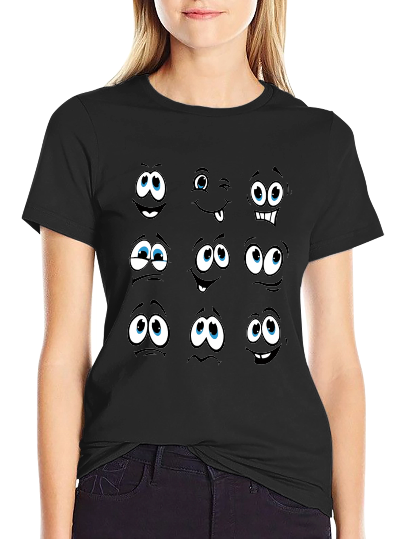Funny Cartoon Faces Black Graphic Tee