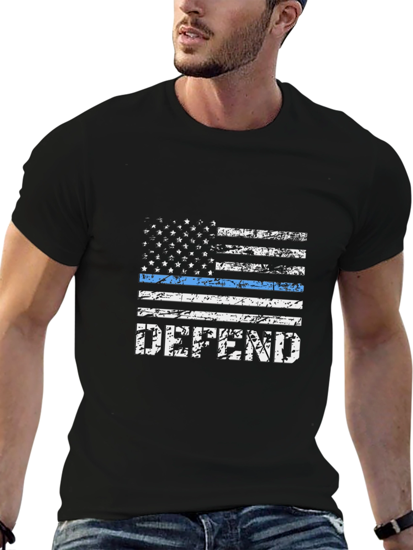 Defend Blue Line Flag T-Shirt - Black