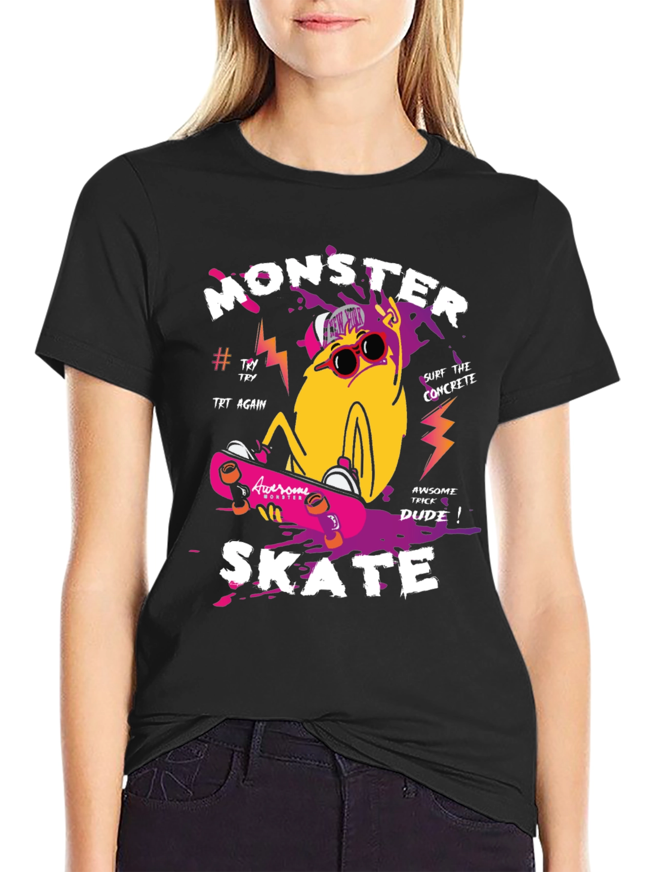 Monster Skate Graphic Print Black T-Shirt