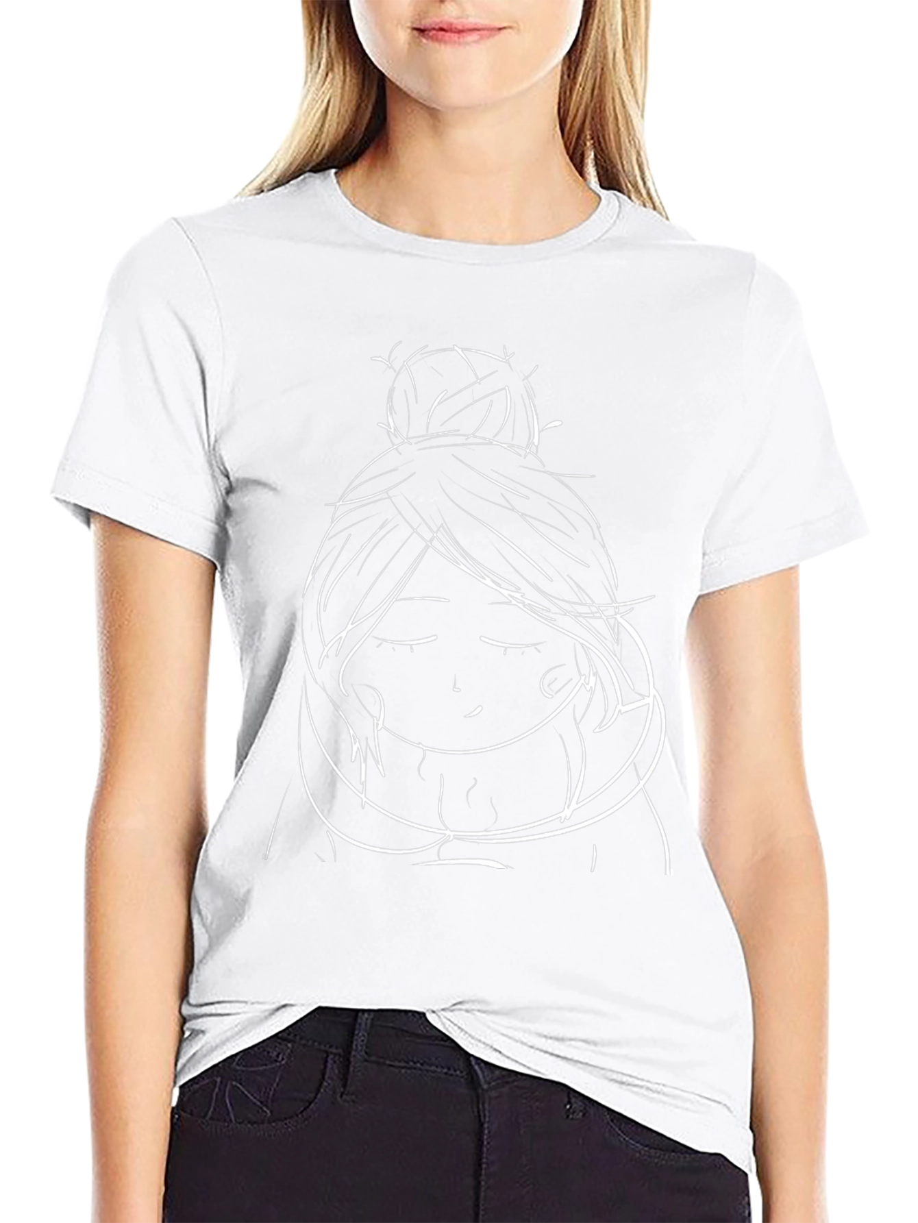 Minimalist Woman Bun Hairstyle Black T-Shirt