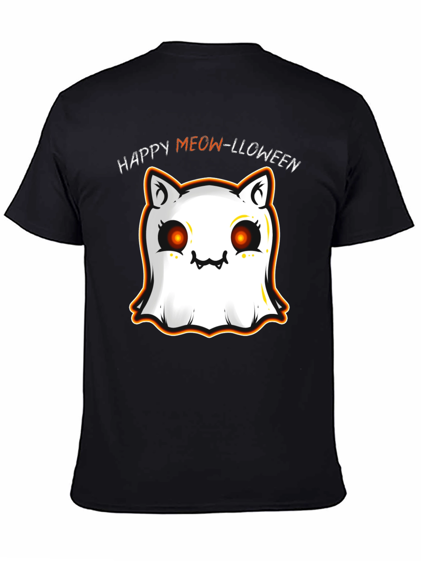 Happy Meow-lloween Cat Ghost Black T-Shirt