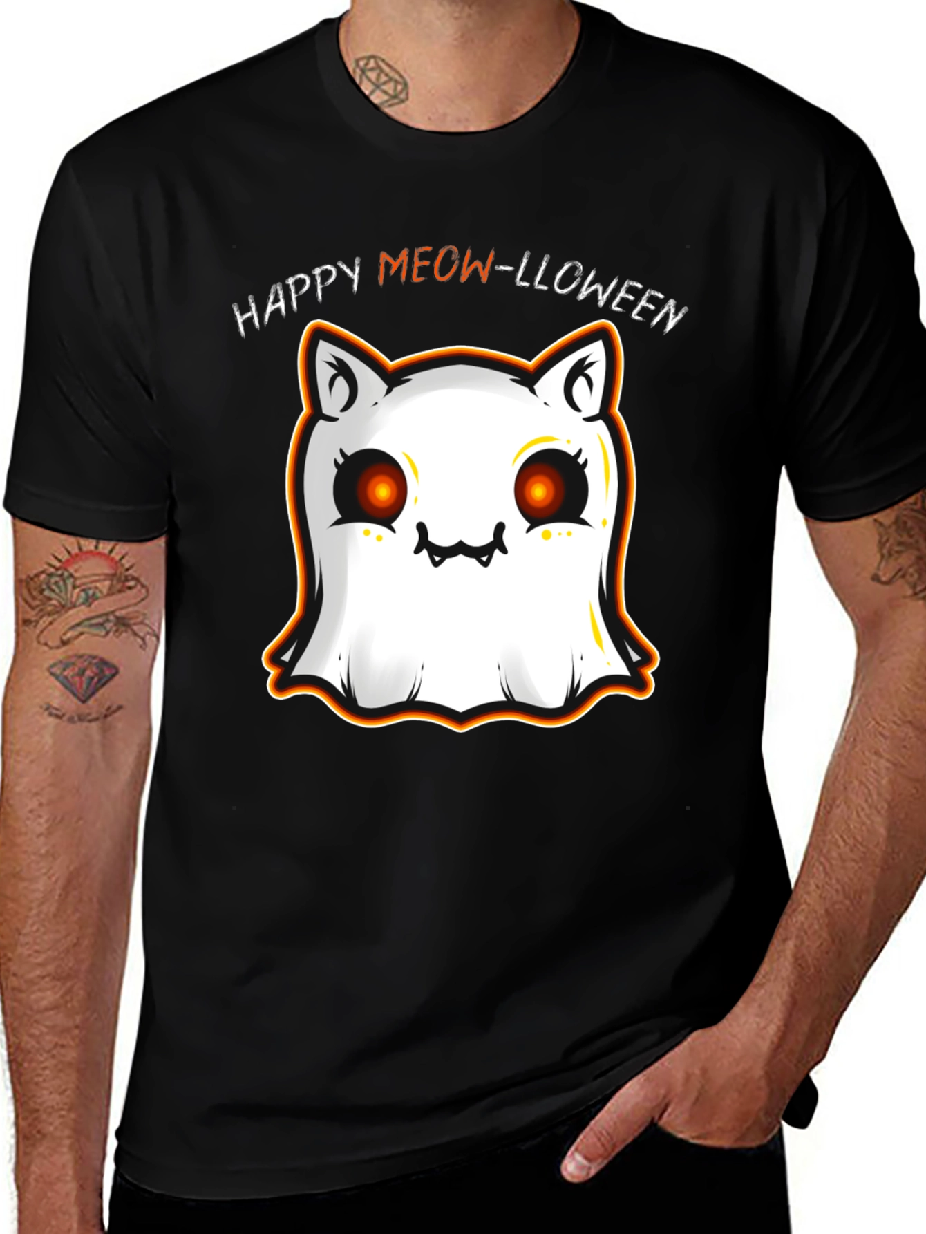 Happy Meow-lloween Cat Ghost Black T-Shirt