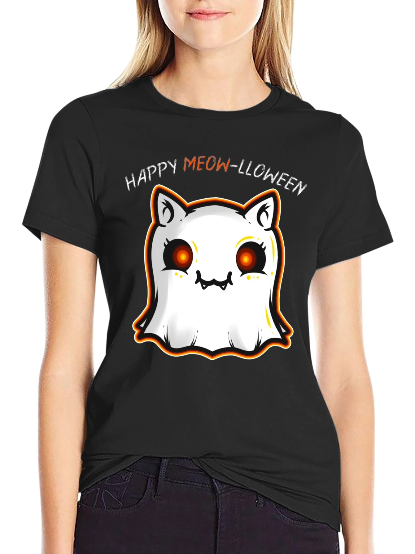 Happy Meow-lloween Cat Ghost Black T-Shirt