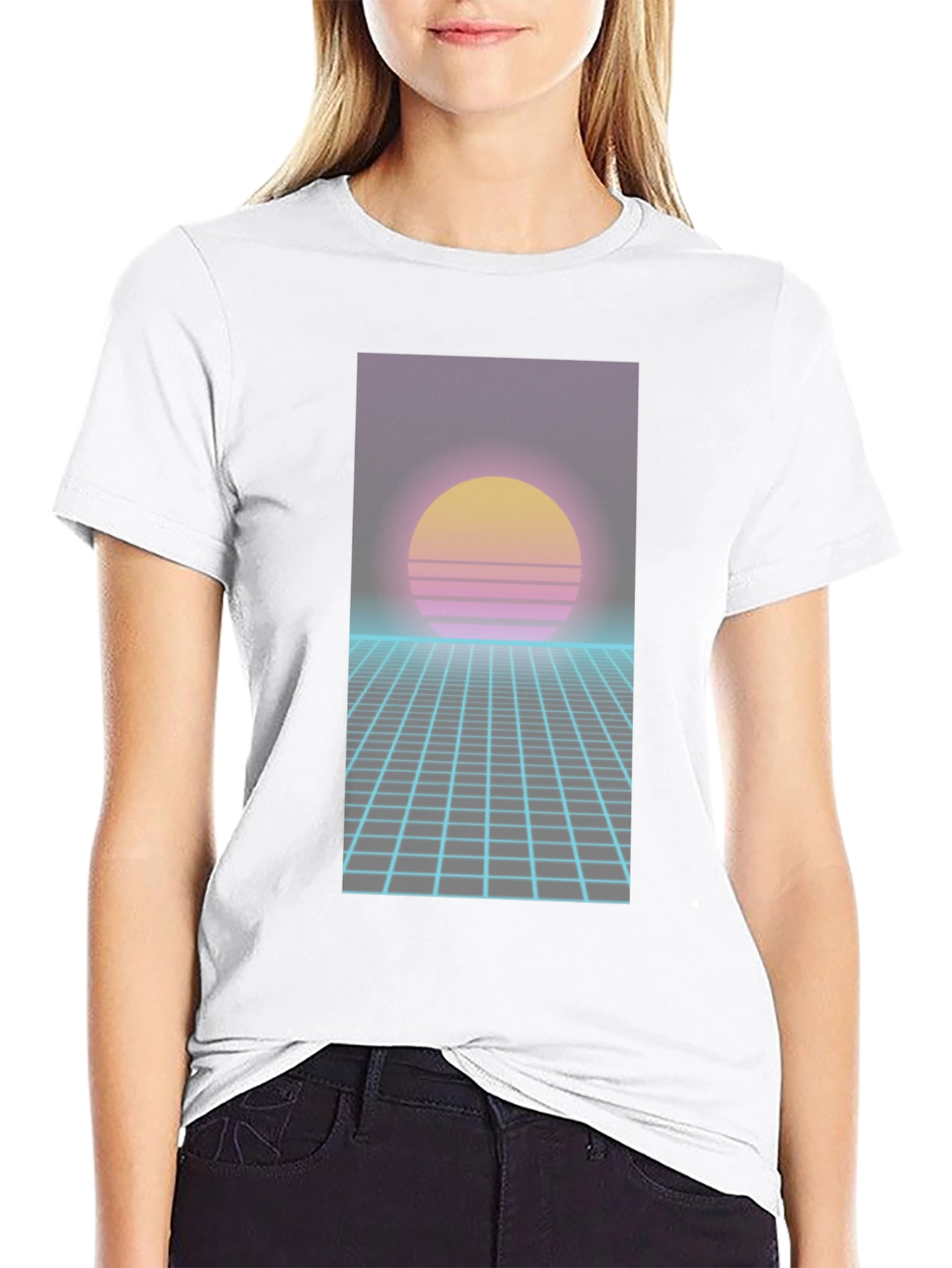 Retro Synthwave T-Shirt - 80s Sunset Grid