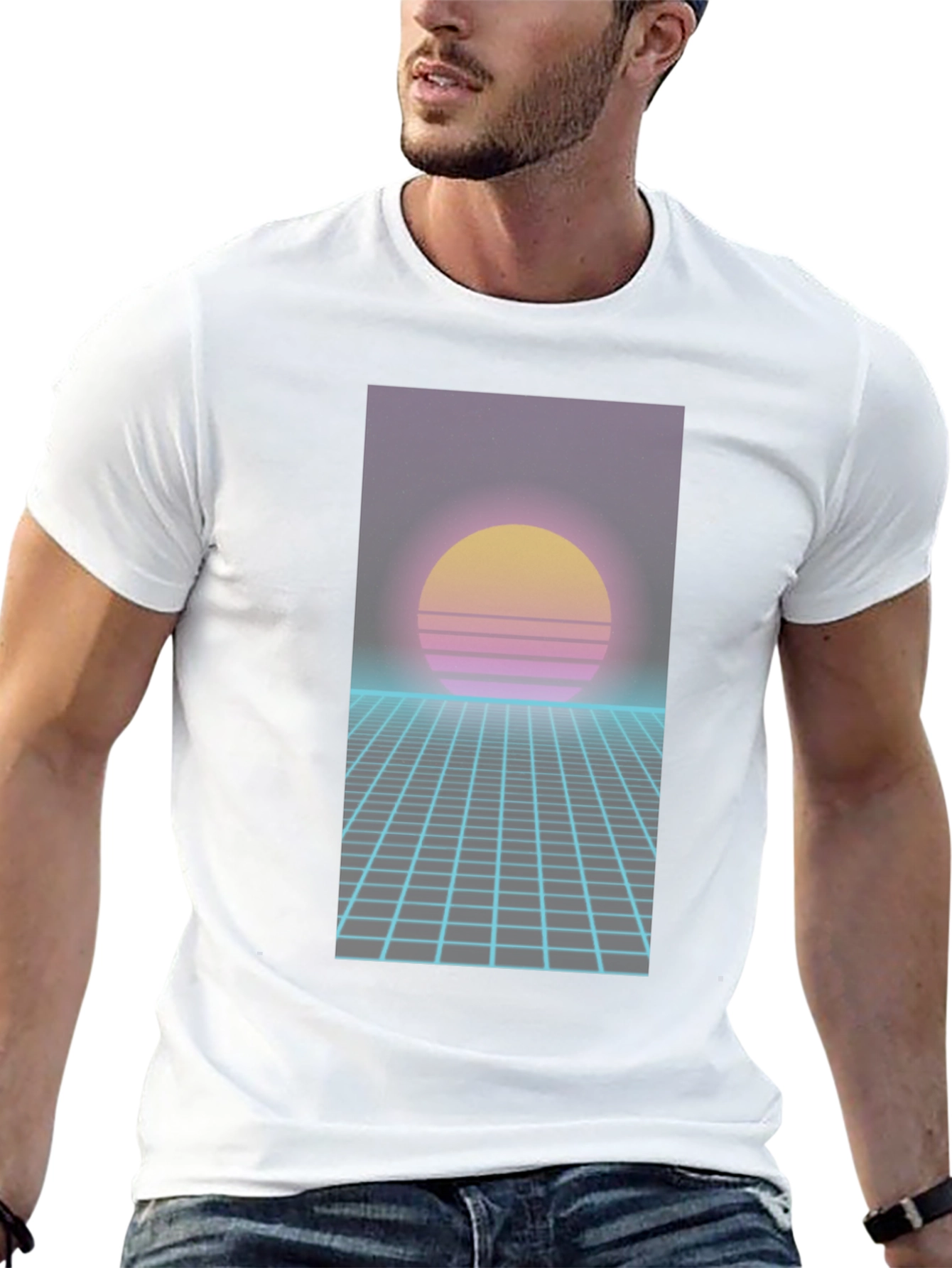 Retro Synthwave T-Shirt - 80s Sunset Grid