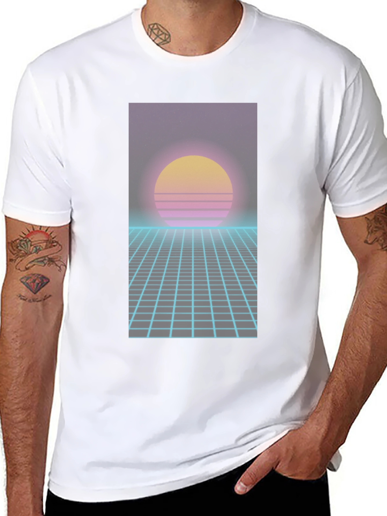 Retro Synthwave T-Shirt - 80s Sunset Grid