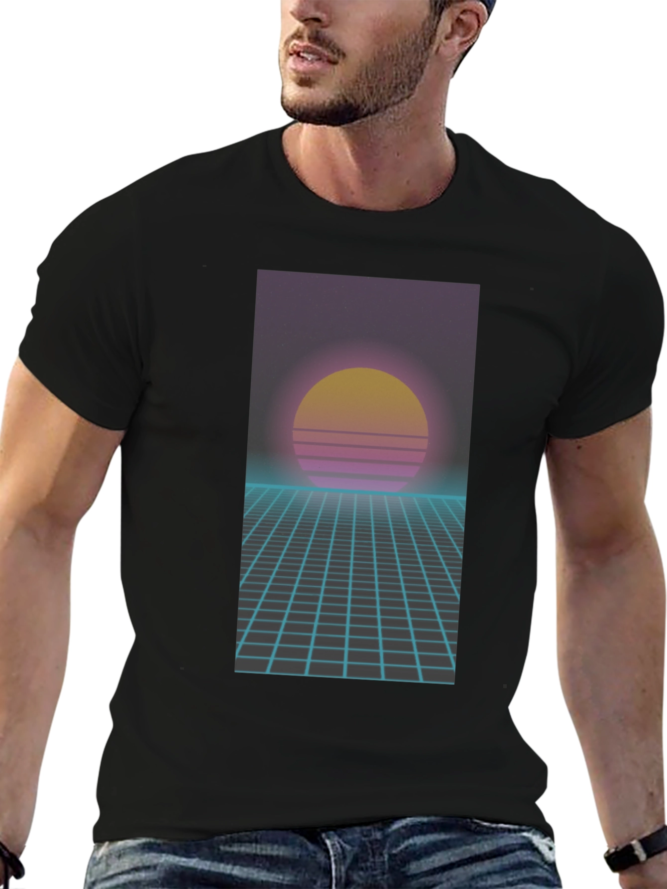 Retro Synthwave T-Shirt - 80s Sunset Grid