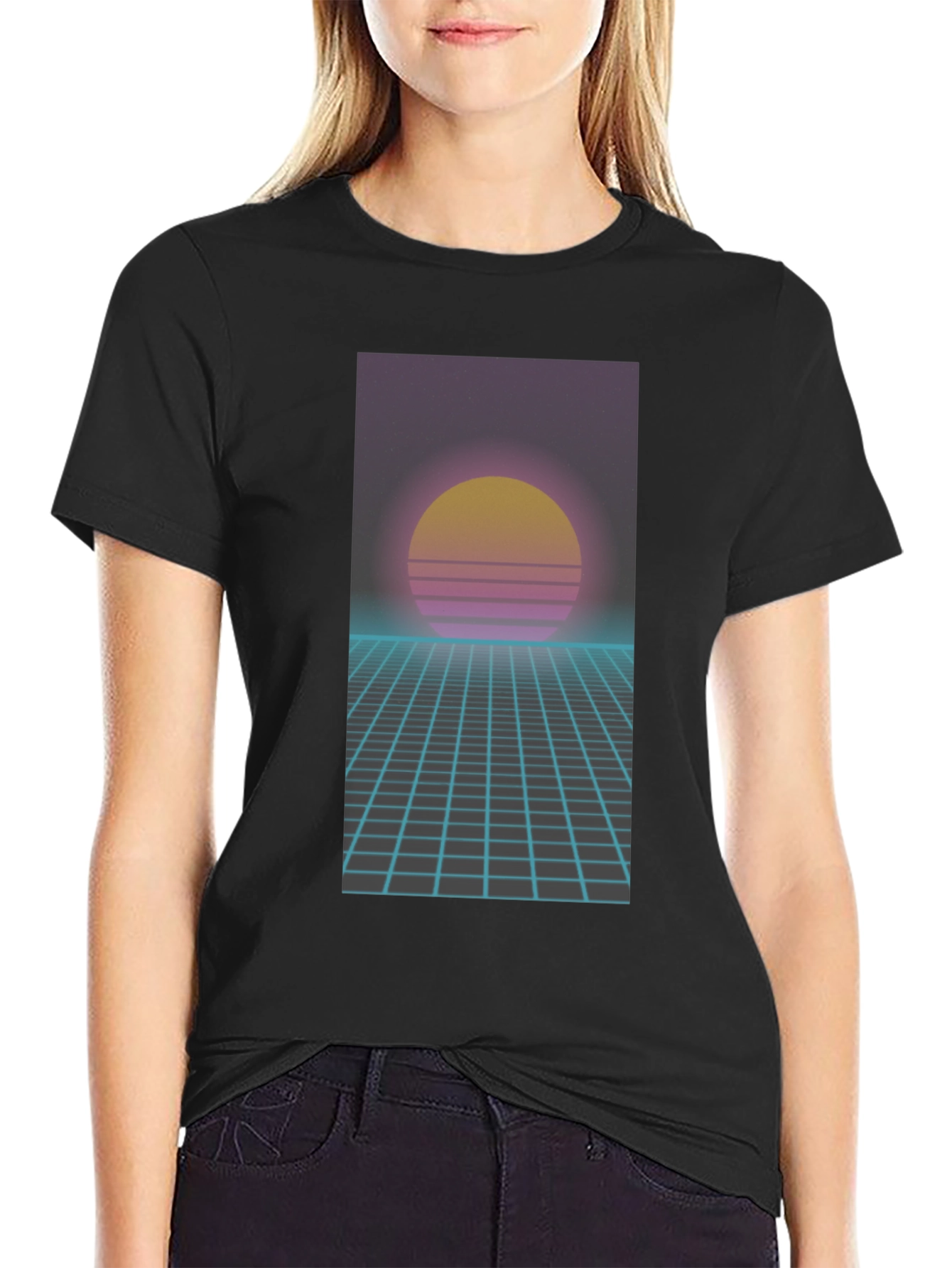 Retro Synthwave T-Shirt - 80s Sunset Grid