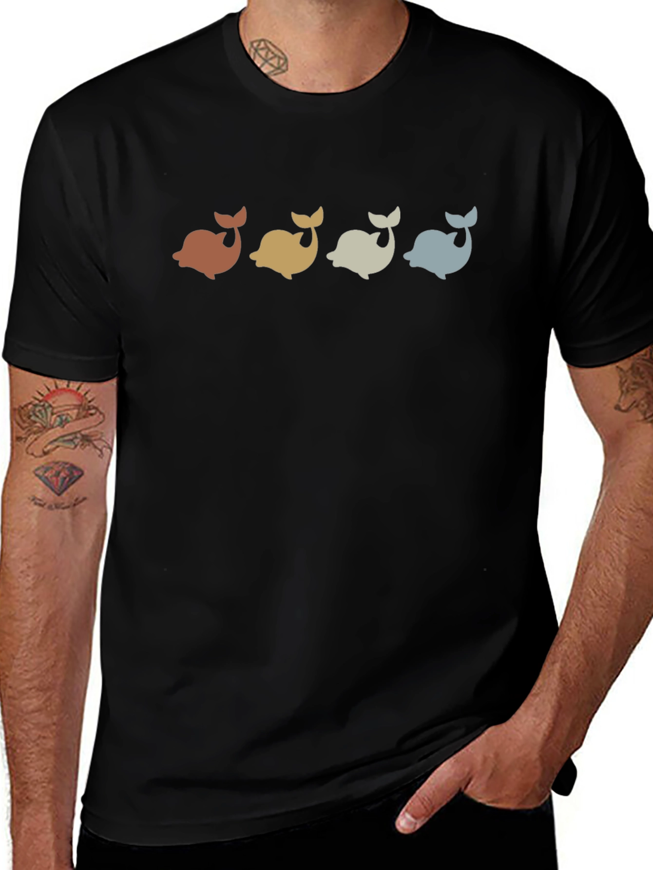 Retro Whale Graphic Tee - Black Casual T-Shirt
