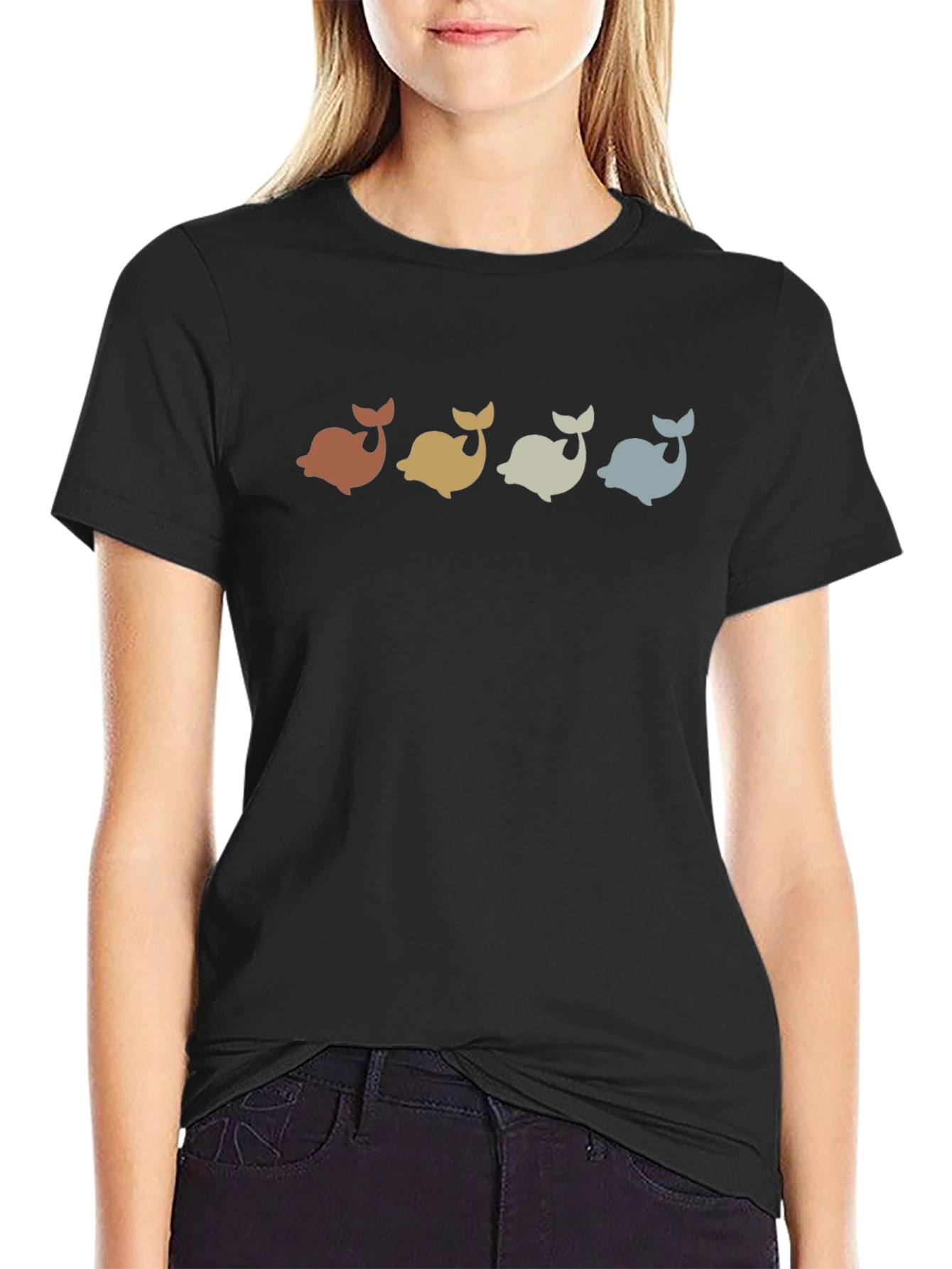Retro Whale Graphic Tee - Black Casual T-Shirt