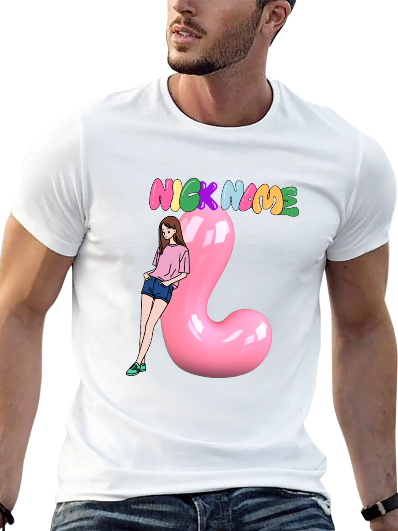 Nickname Black T-Shirt With Cartoon Girl and Pink Balloon