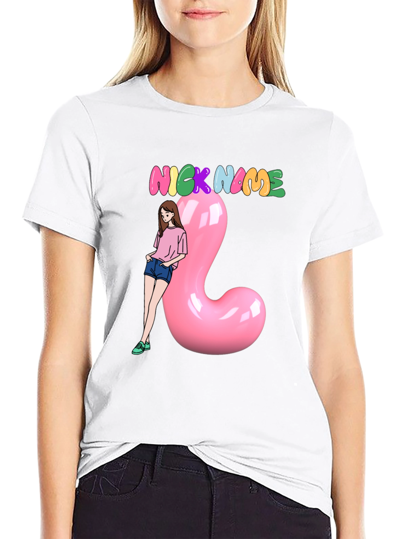 Nickname Black T-Shirt With Cartoon Girl and Pink Balloon