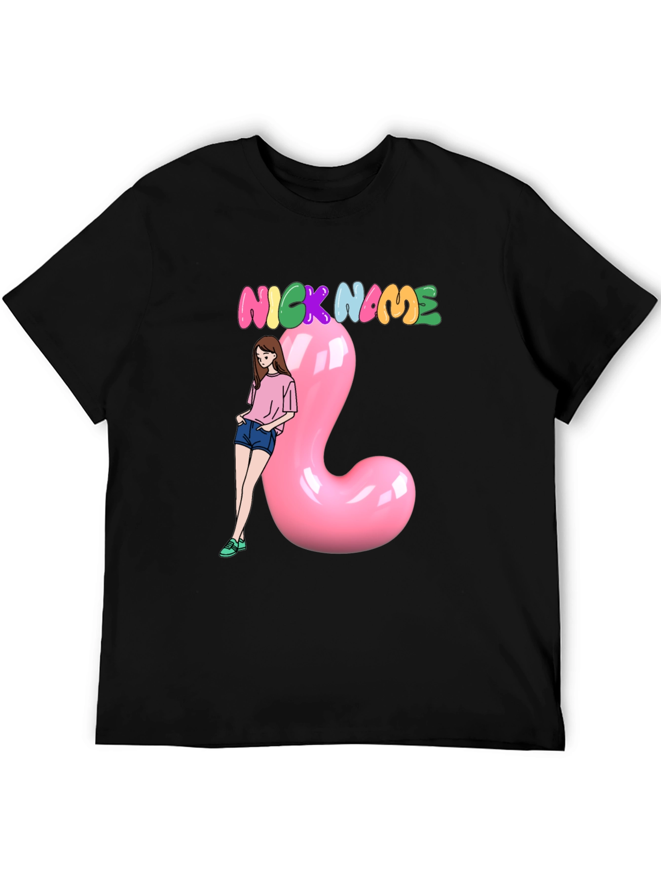 Nickname Black T-Shirt With Cartoon Girl and Pink Balloon