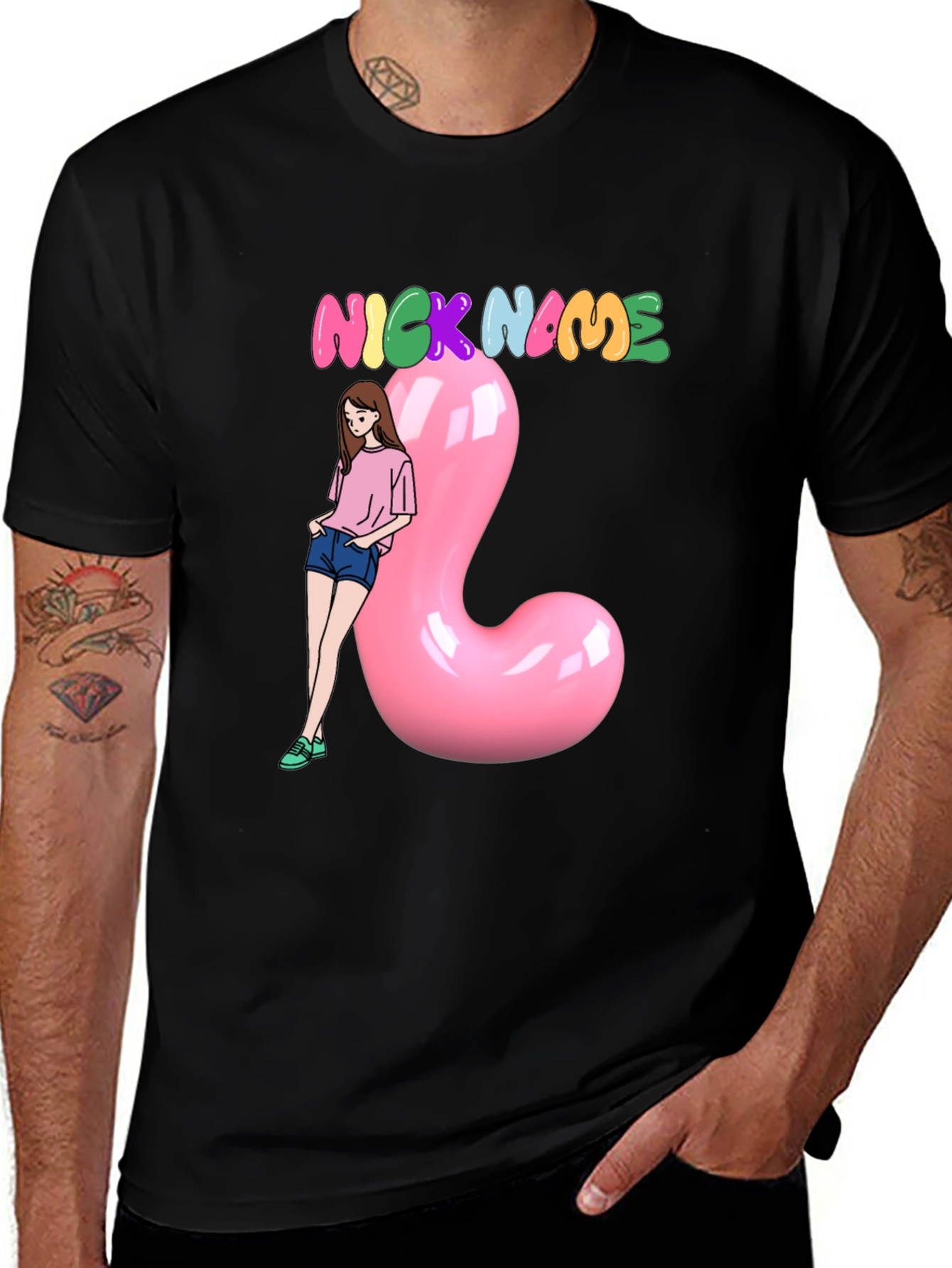 Nickname Black T-Shirt With Cartoon Girl and Pink Balloon