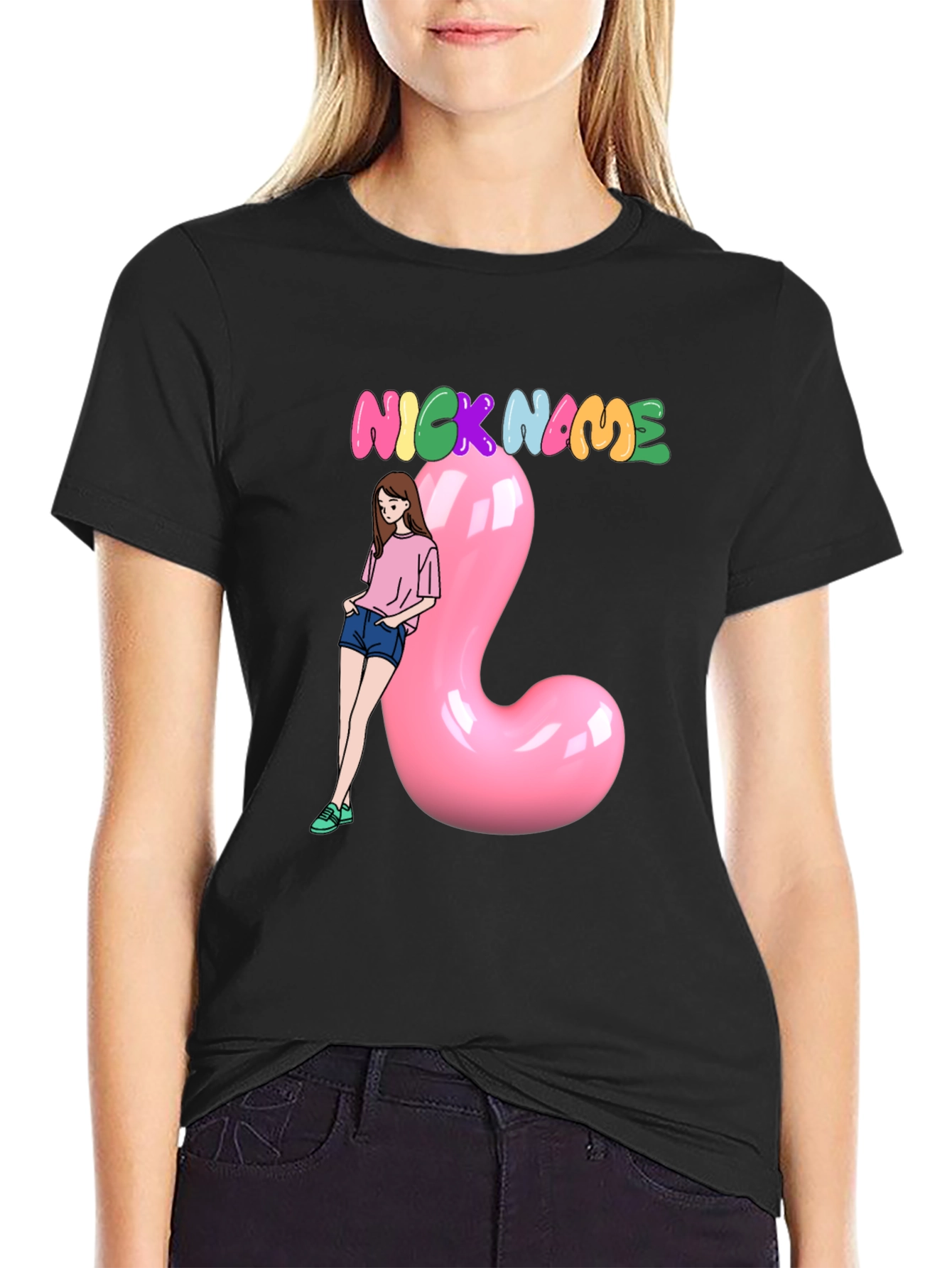 Nickname Black T-Shirt With Cartoon Girl and Pink Balloon