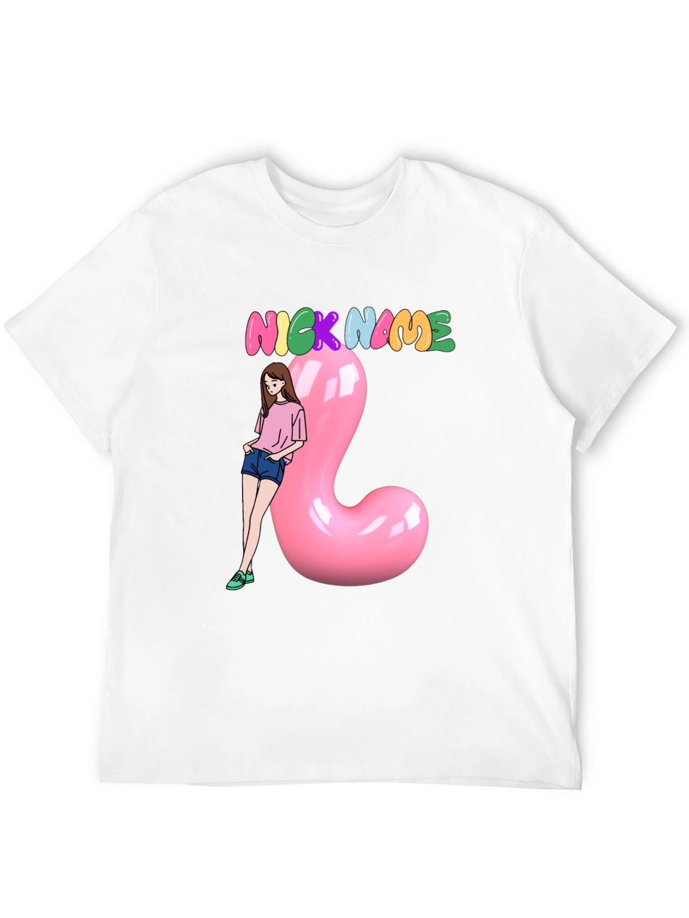 Nickname Black T-Shirt With Cartoon Girl and Pink Balloon