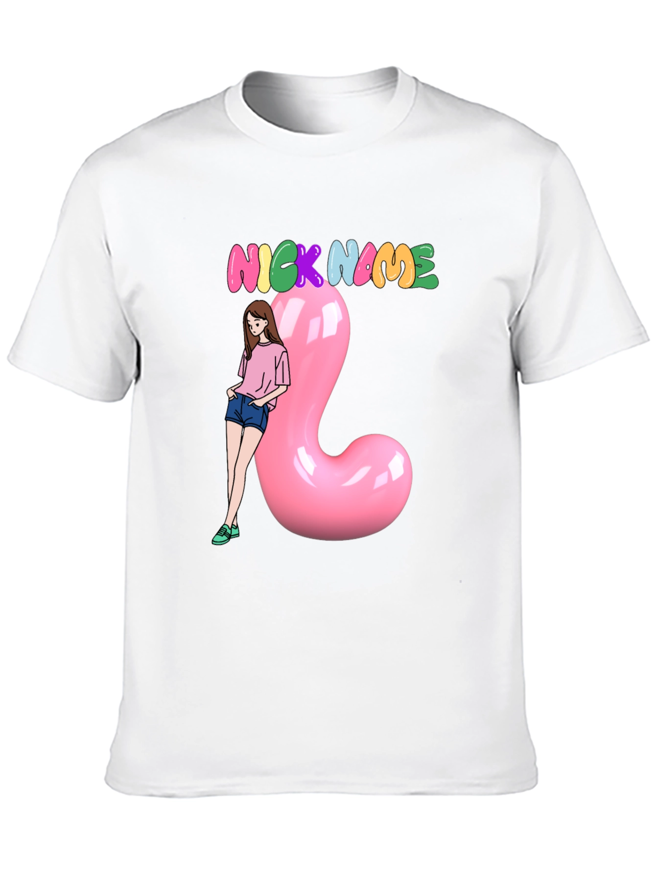 Nickname Black T-Shirt With Cartoon Girl and Pink Balloon