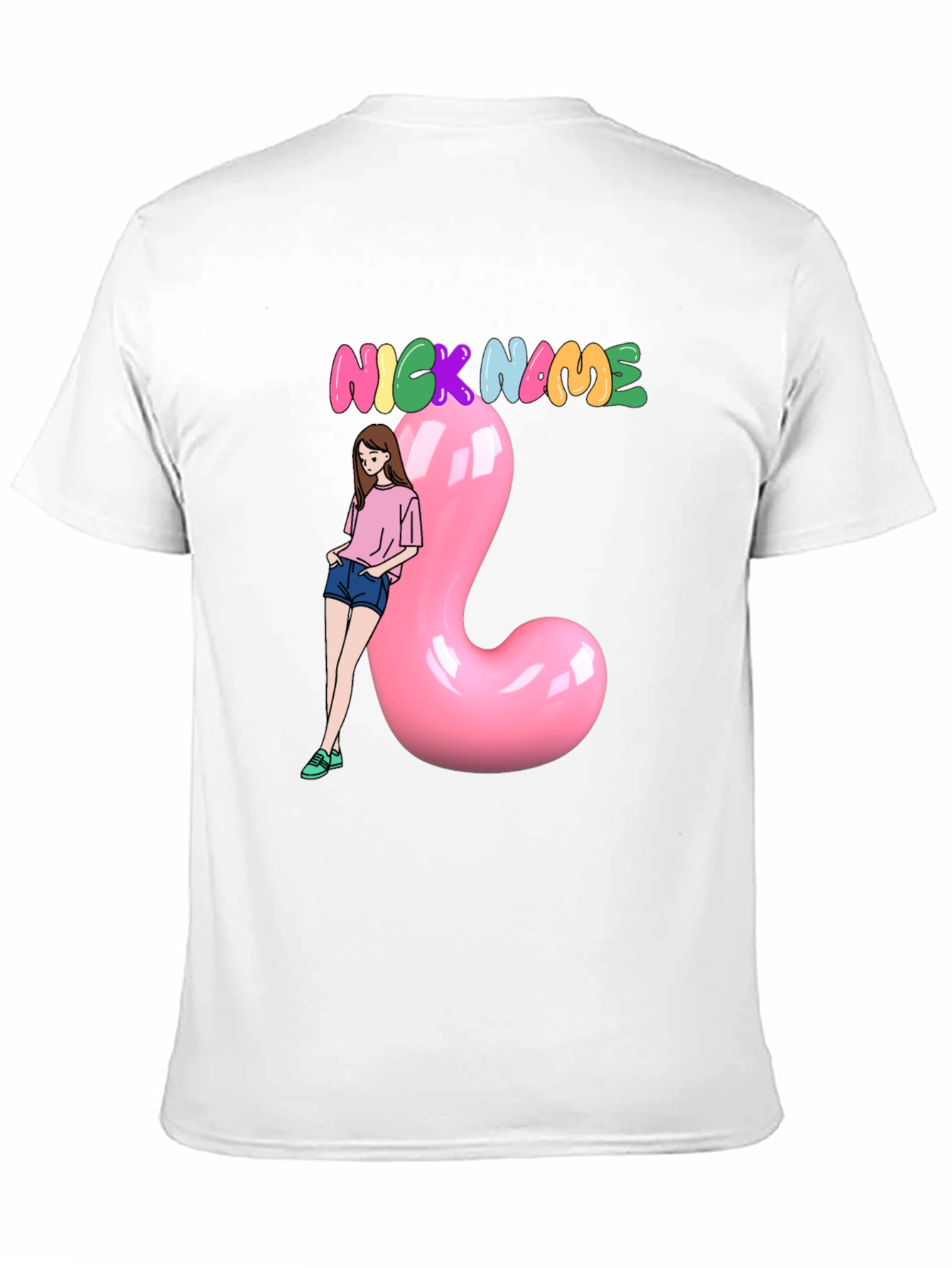 Nickname Black T-Shirt With Cartoon Girl and Pink Balloon