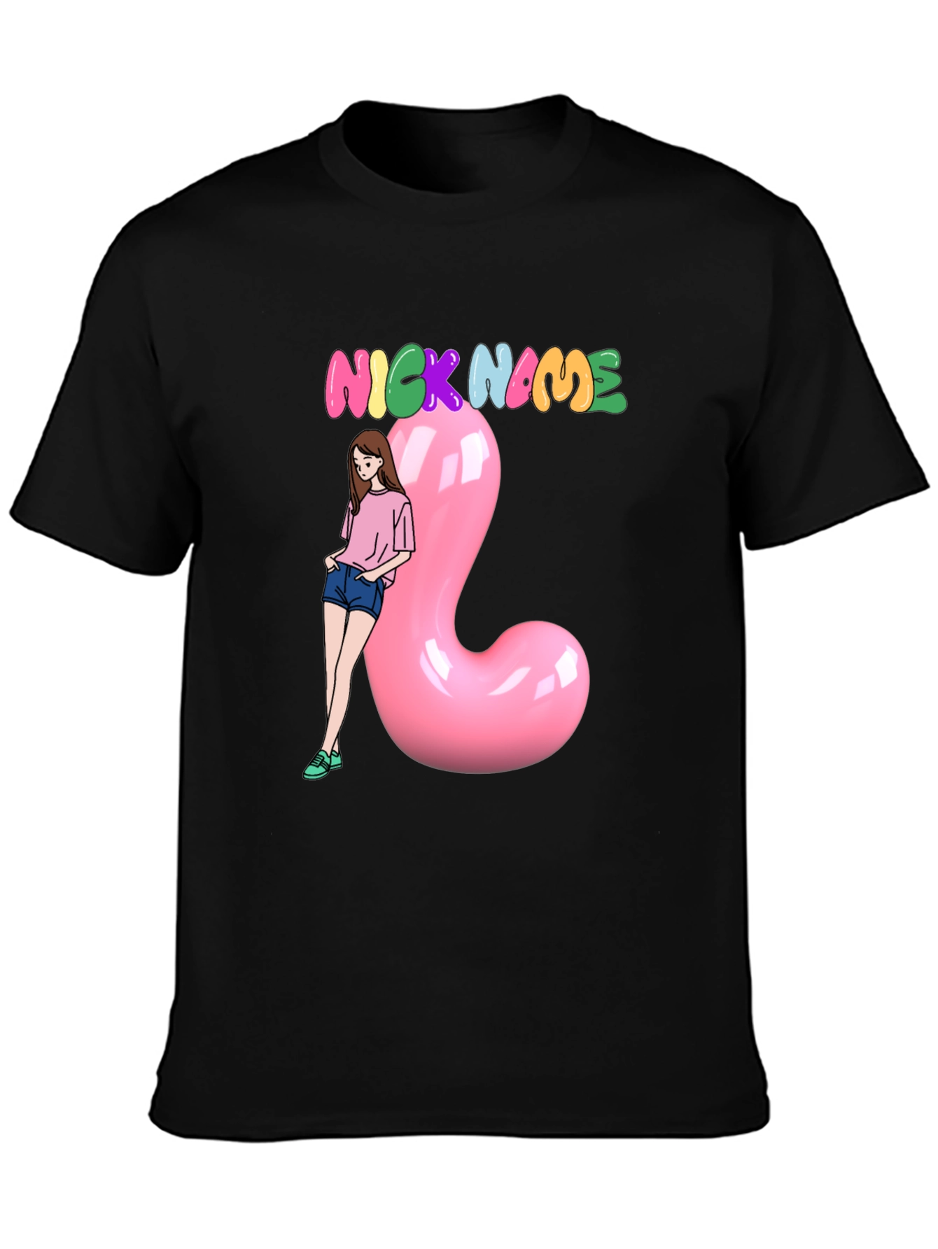 Nickname Black T-Shirt With Cartoon Girl and Pink Balloon