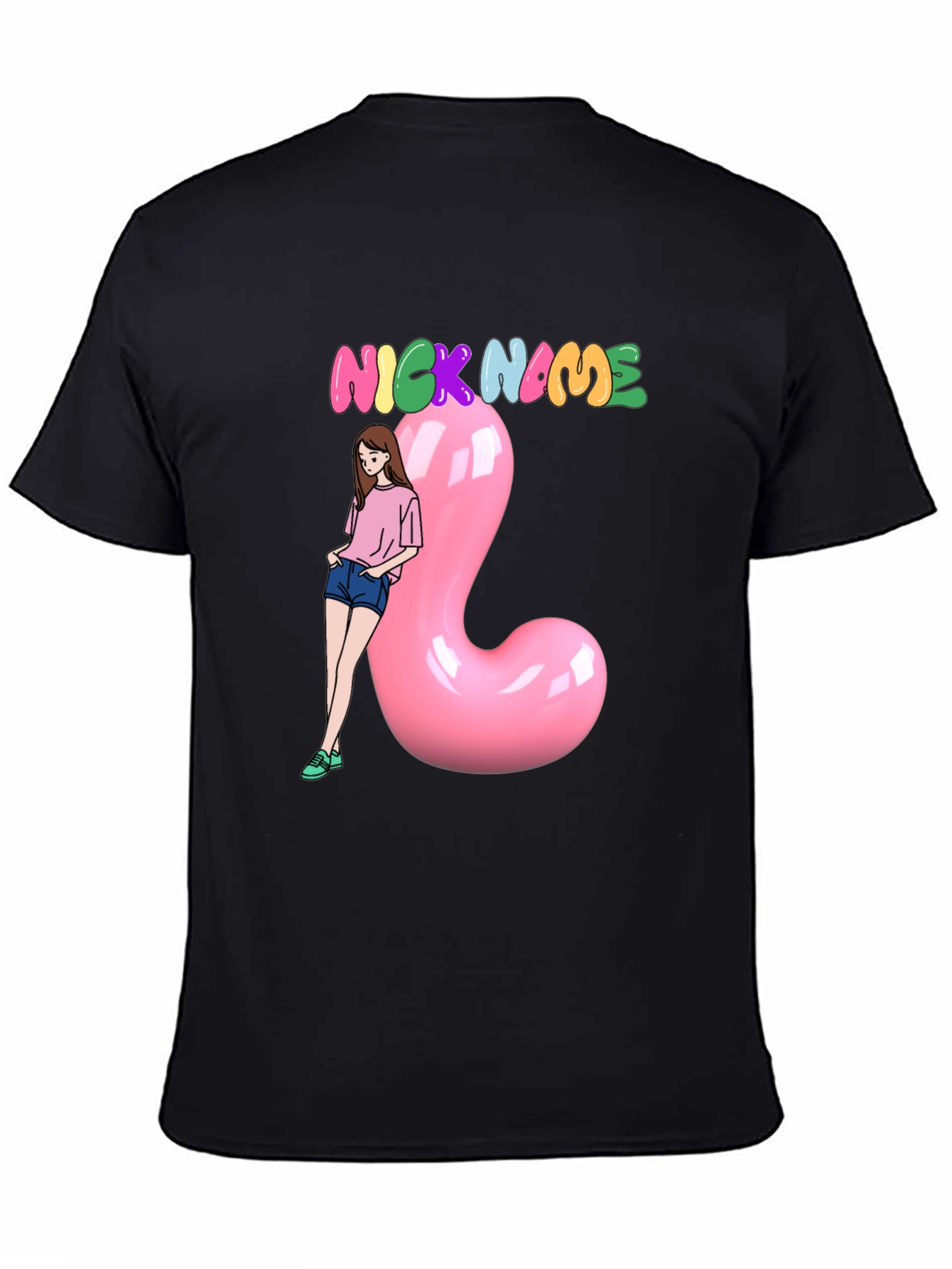 Nickname Black T-Shirt With Cartoon Girl and Pink Balloon