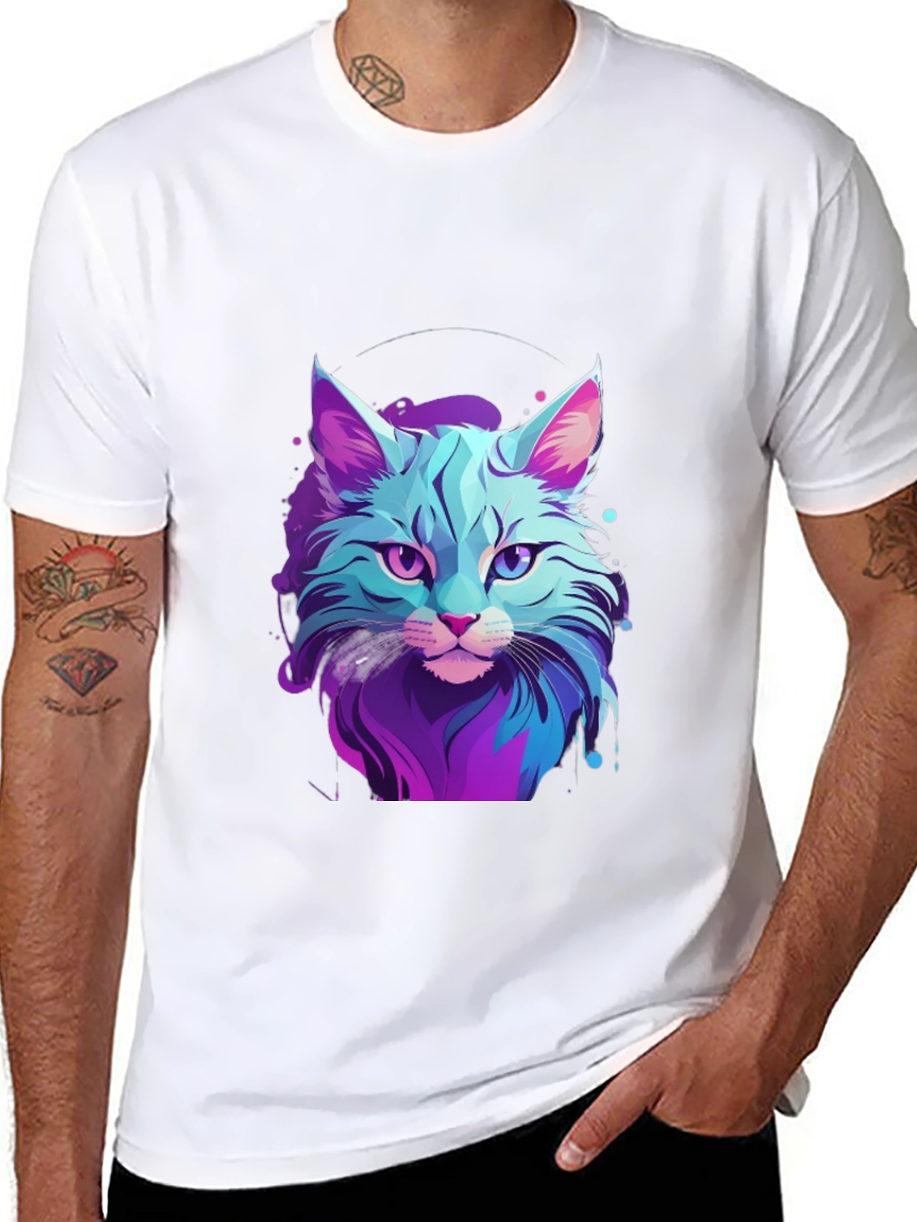 Neon Cat Graphic Tee - Stylish Mens Black T-Shirt